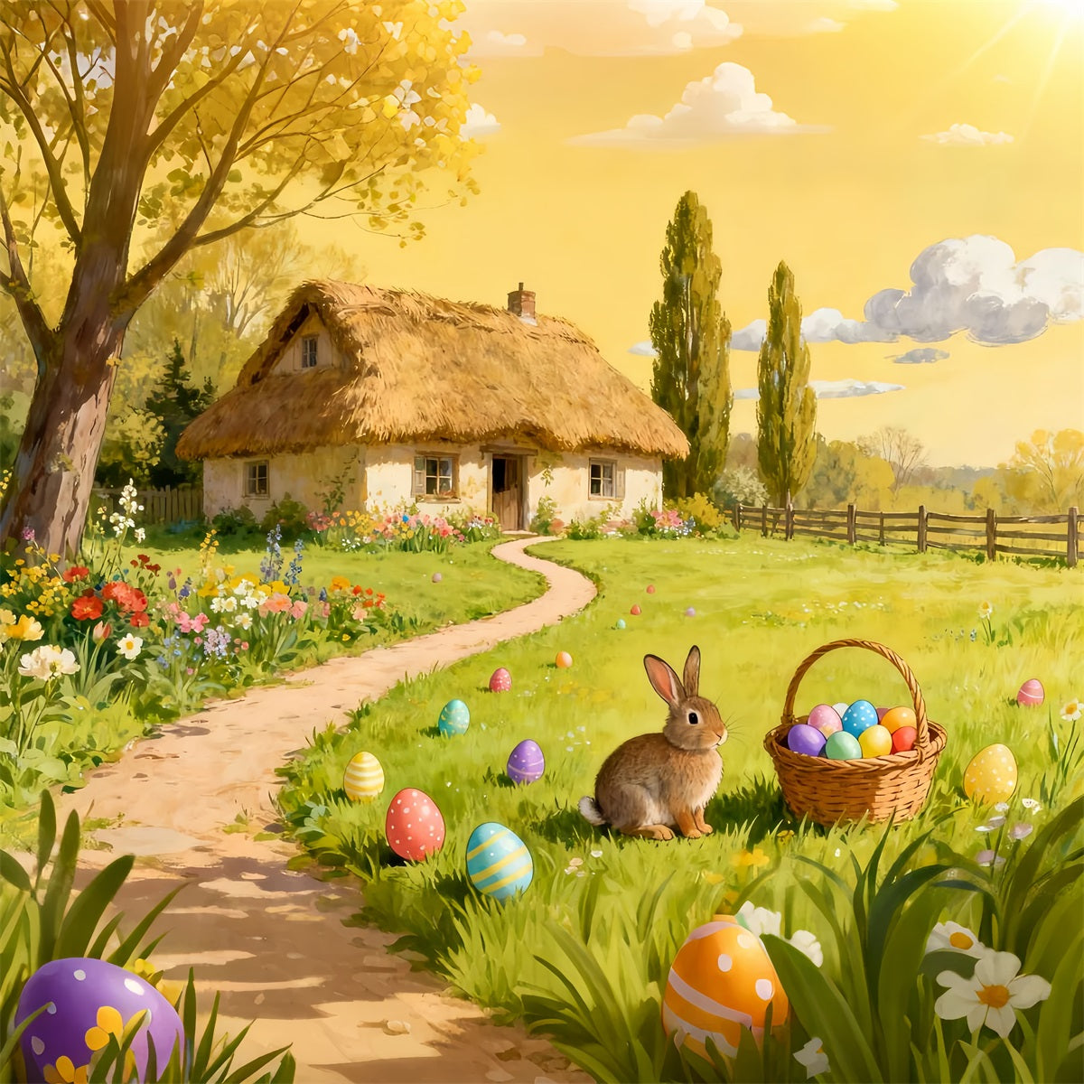 Fond pour chasse aux œufs de Pâques Aquarelle Campagne Cottage Jardin Lapin LXX512-135