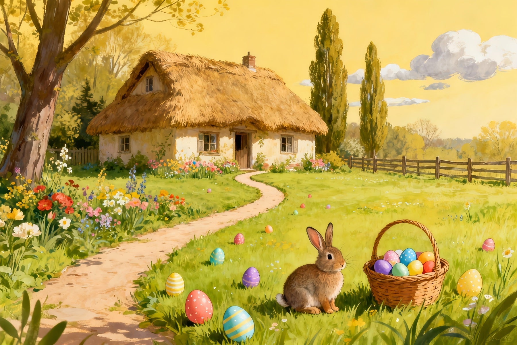 Fond pour chasse aux œufs de Pâques Aquarelle Campagne Cottage Jardin Lapin LXX512-135