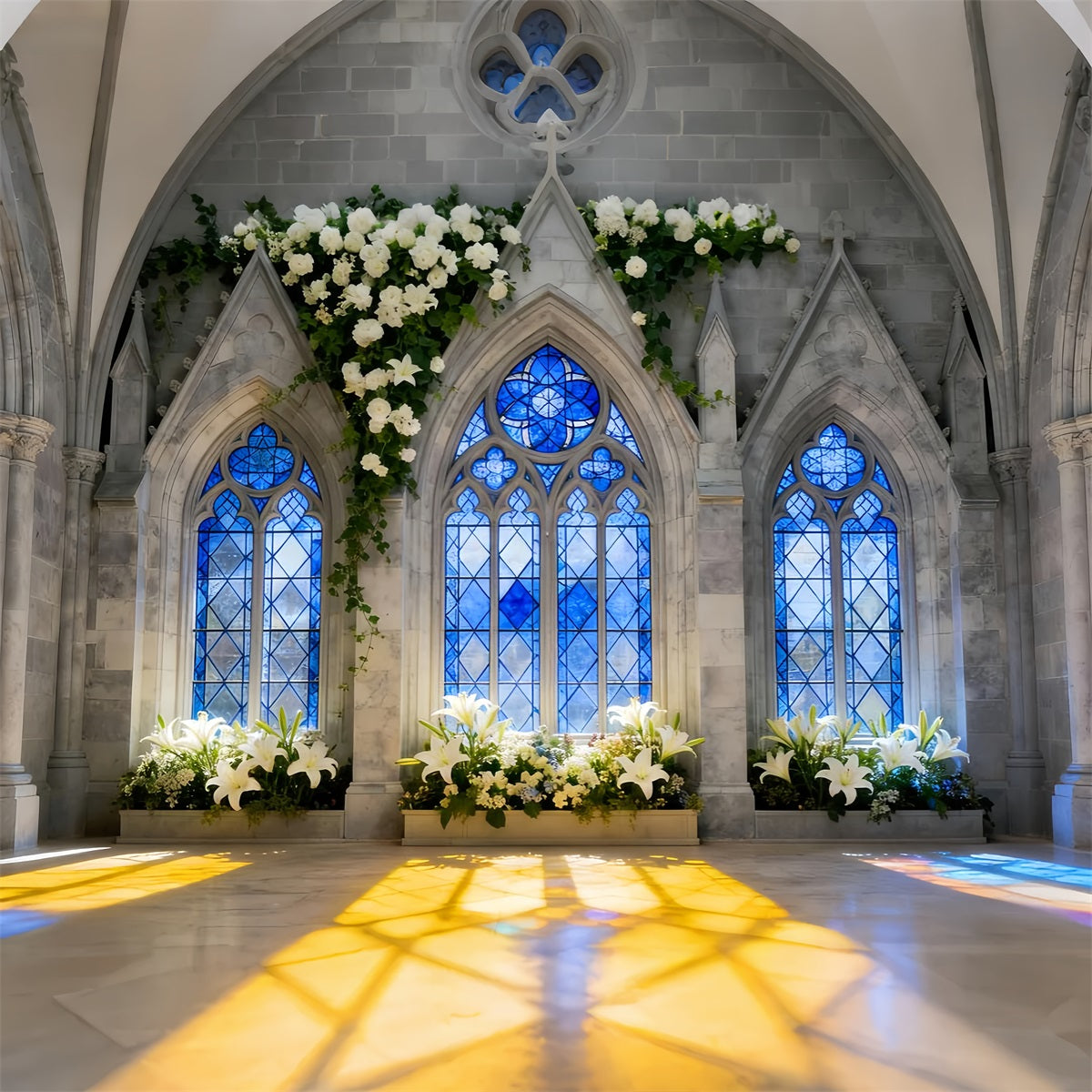 Fond de Pâques pour église Fenêtre bleue gothique Lys Fond vitrail LXX512-137
