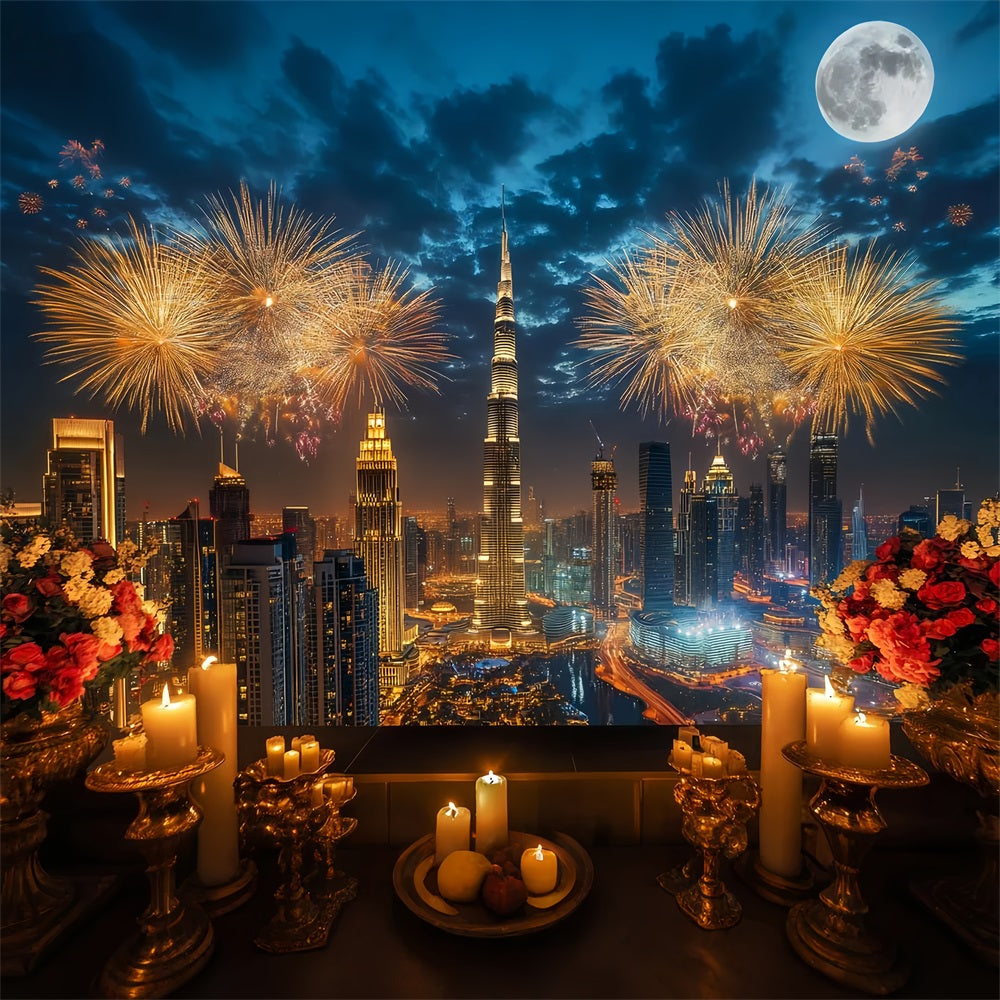 Fond « Bonne année » Luxueux horizon urbain Feux d'artifice Fond urbain nocturne LXX512-14