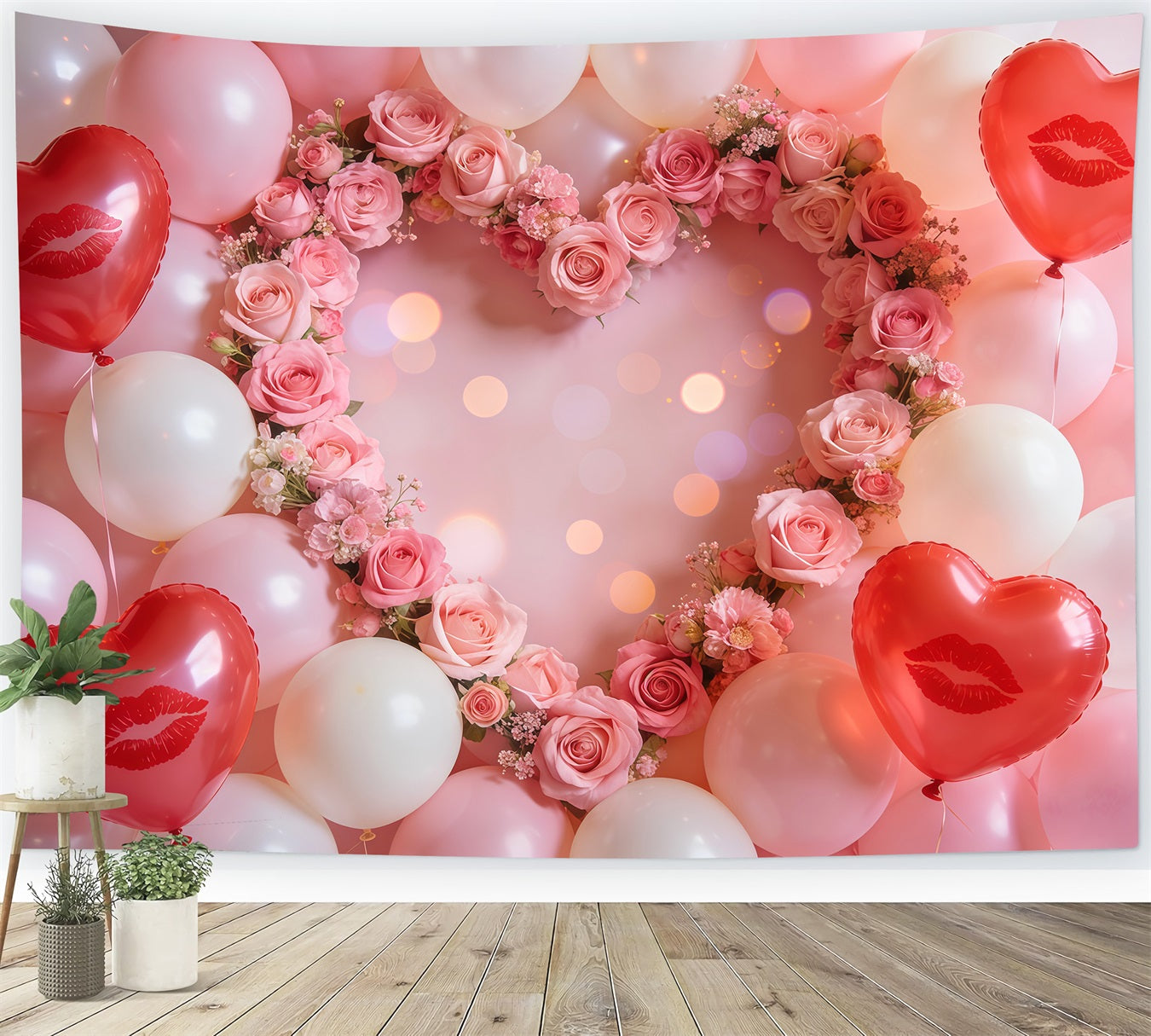 Fond ballons en forme de cœur Couronne de roses roses Fond Saint-Valentin LXX512-159