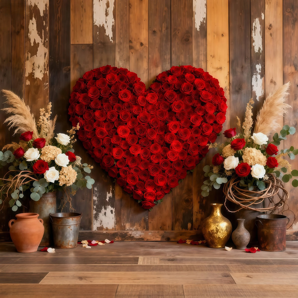 Décor avec fleurs en forme de cœur, porte en bois, roses rouges, décor pour la Saint-Valentin LXX512-165