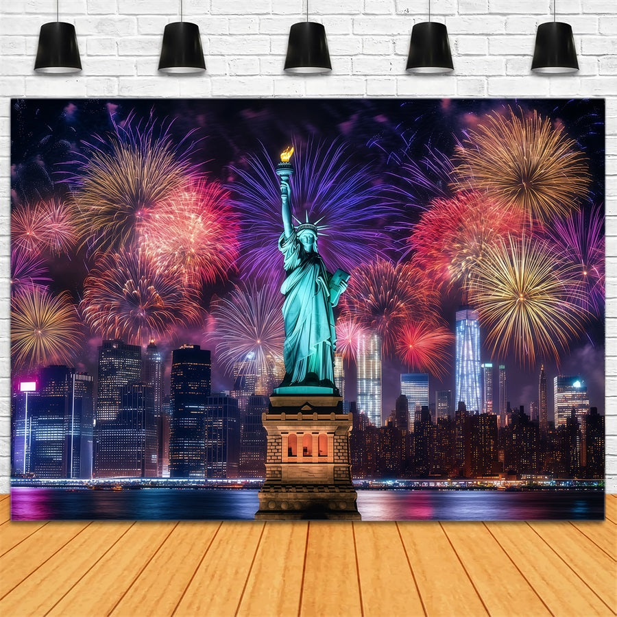 Fond pour la nouvelle année Statue de la Liberté Paysage urbain nocturne Feux d'artifice Fond LXX512-4