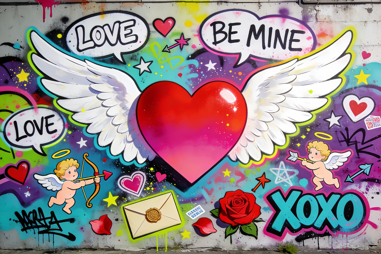 Fond XOXO Graffiti Amour Cœur ailé Fond avec Cupidon LXX512-51