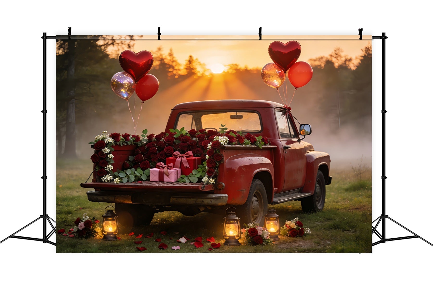 Fond photo de Saint-Valentin Camion rouge vintage Fond ballons cœur romantique LXX512-61
