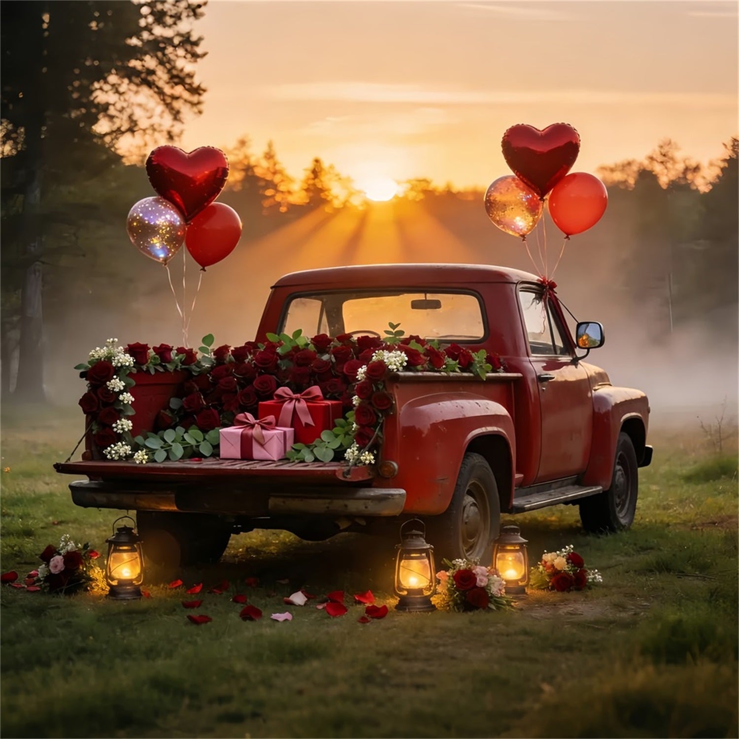 Fond photo de Saint-Valentin Camion rouge vintage Fond ballons cœur romantique LXX512-61
