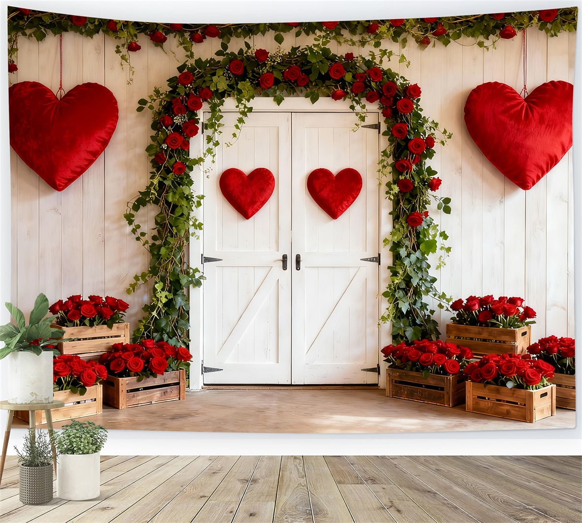 Fond rustique ferme Fond Saint-Valentin Arche florale roses Cœurs LXX512-63