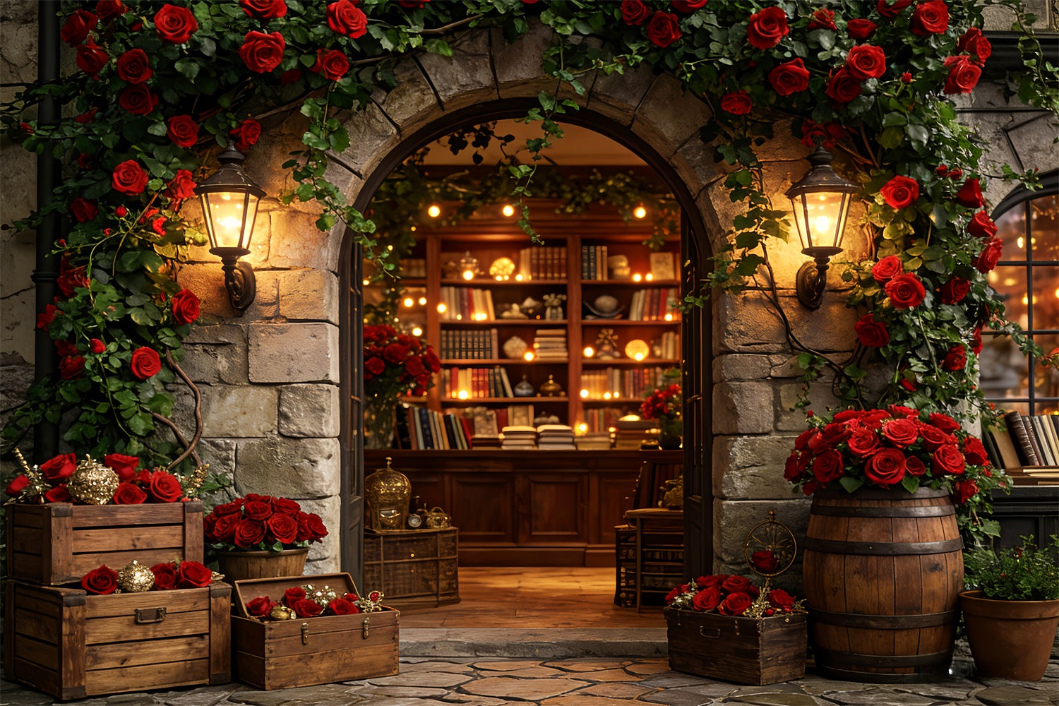 Fond floral en forme d'arche pour la Saint-Valentin Bibliothèque vintage avec des roses Fond d'amour LXX512-66