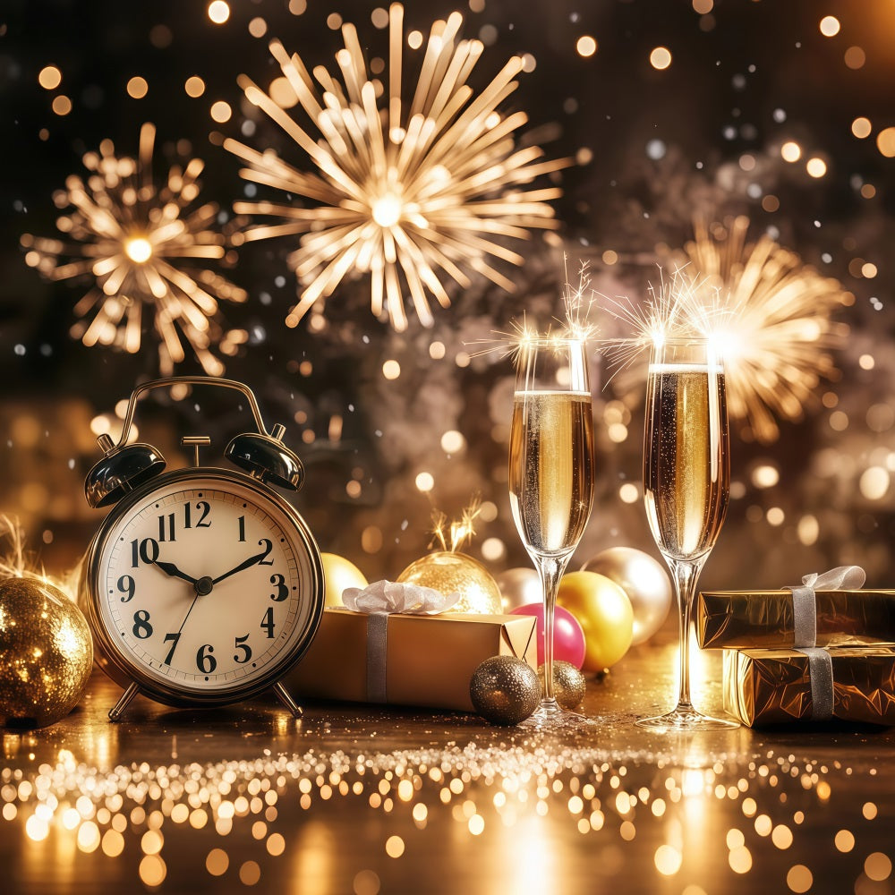 Fonds pour le Nouvel An champagne compte à rebours horloge feux d'artifice paillettes dorées fond LXX512-7
