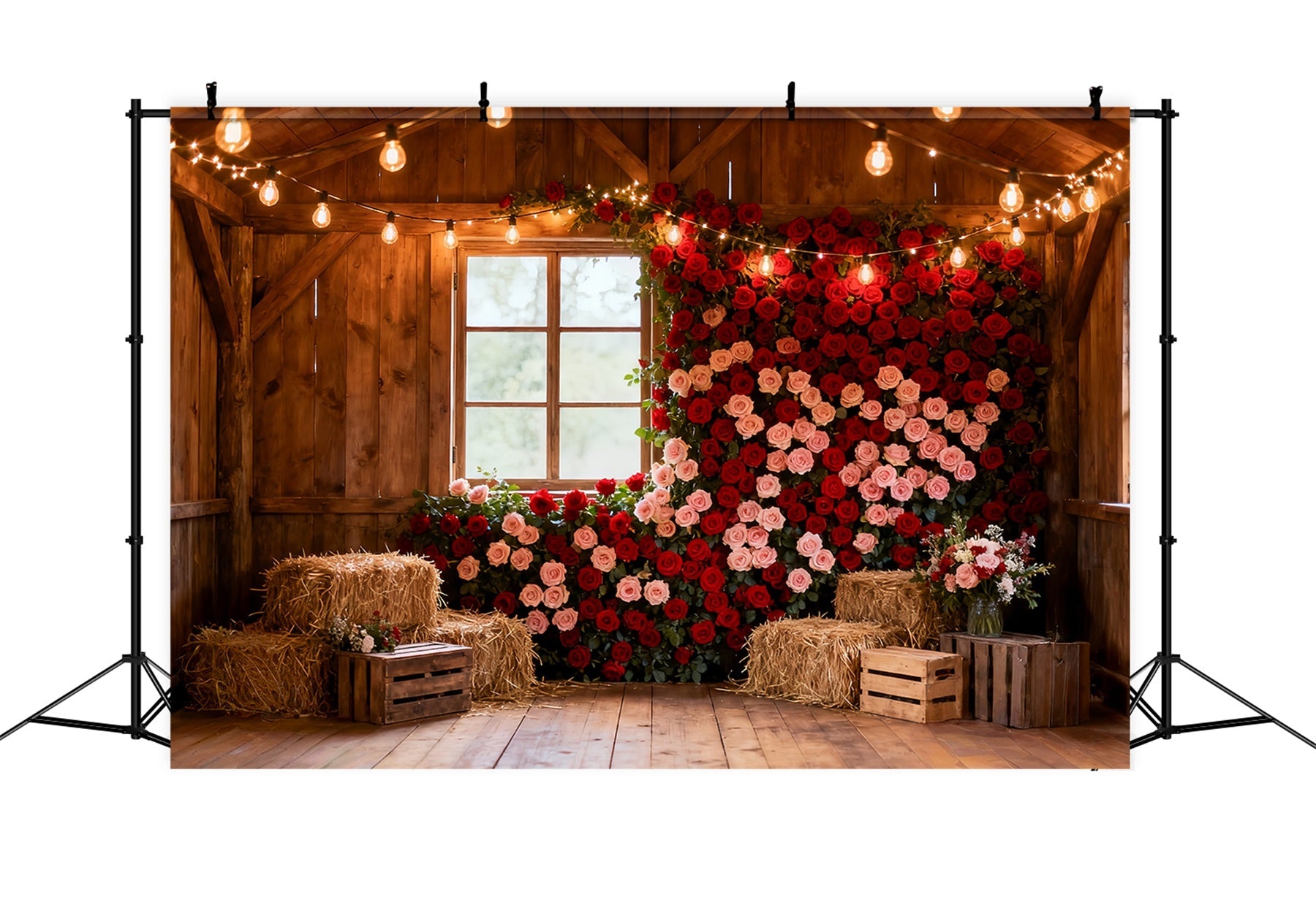 Fond mural avec roses rouges Fond rustique pour la Saint-Valentin avec grange et ferme LXX512-75