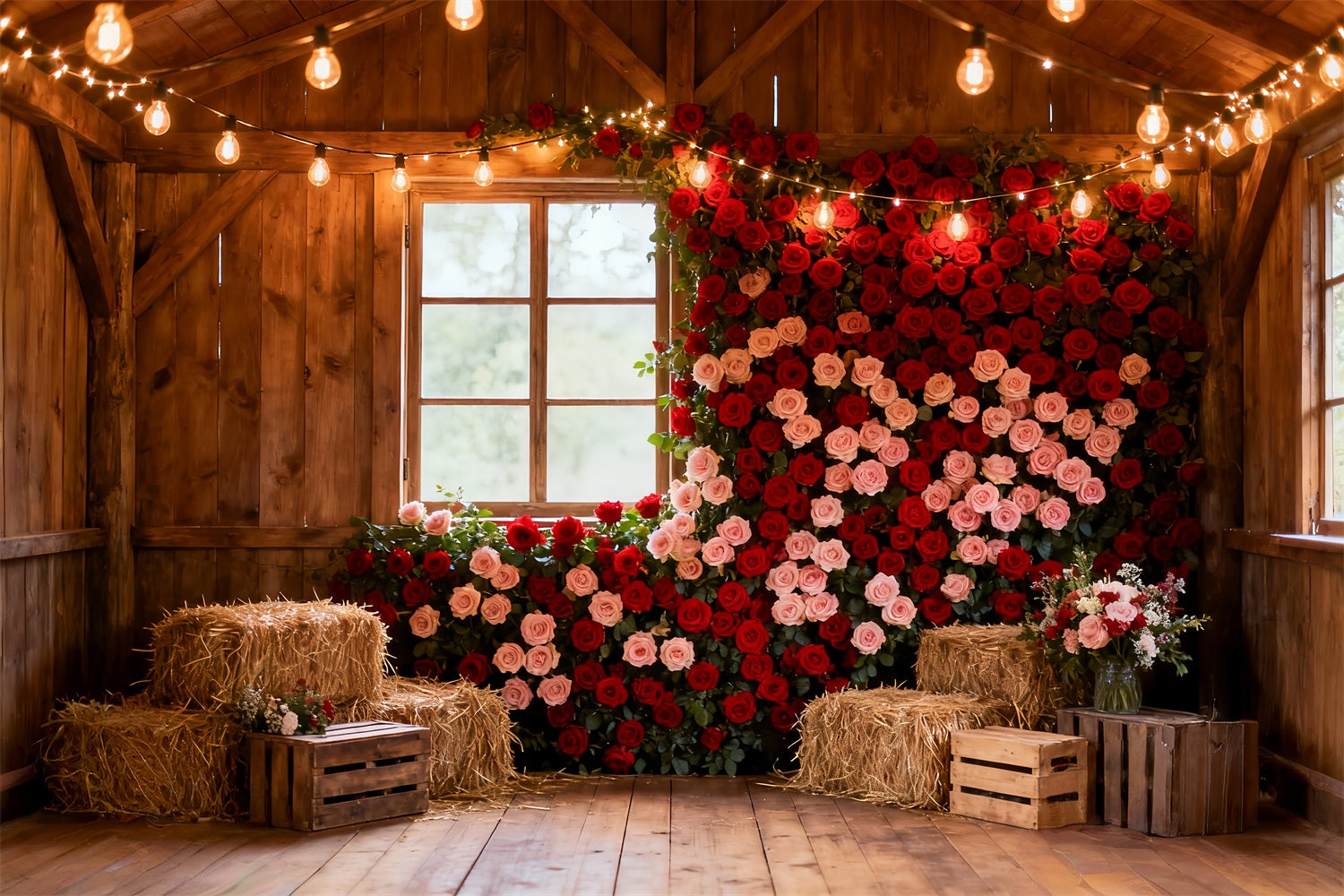 Fond mural avec roses rouges Fond rustique pour la Saint-Valentin avec grange et ferme LXX512-75
