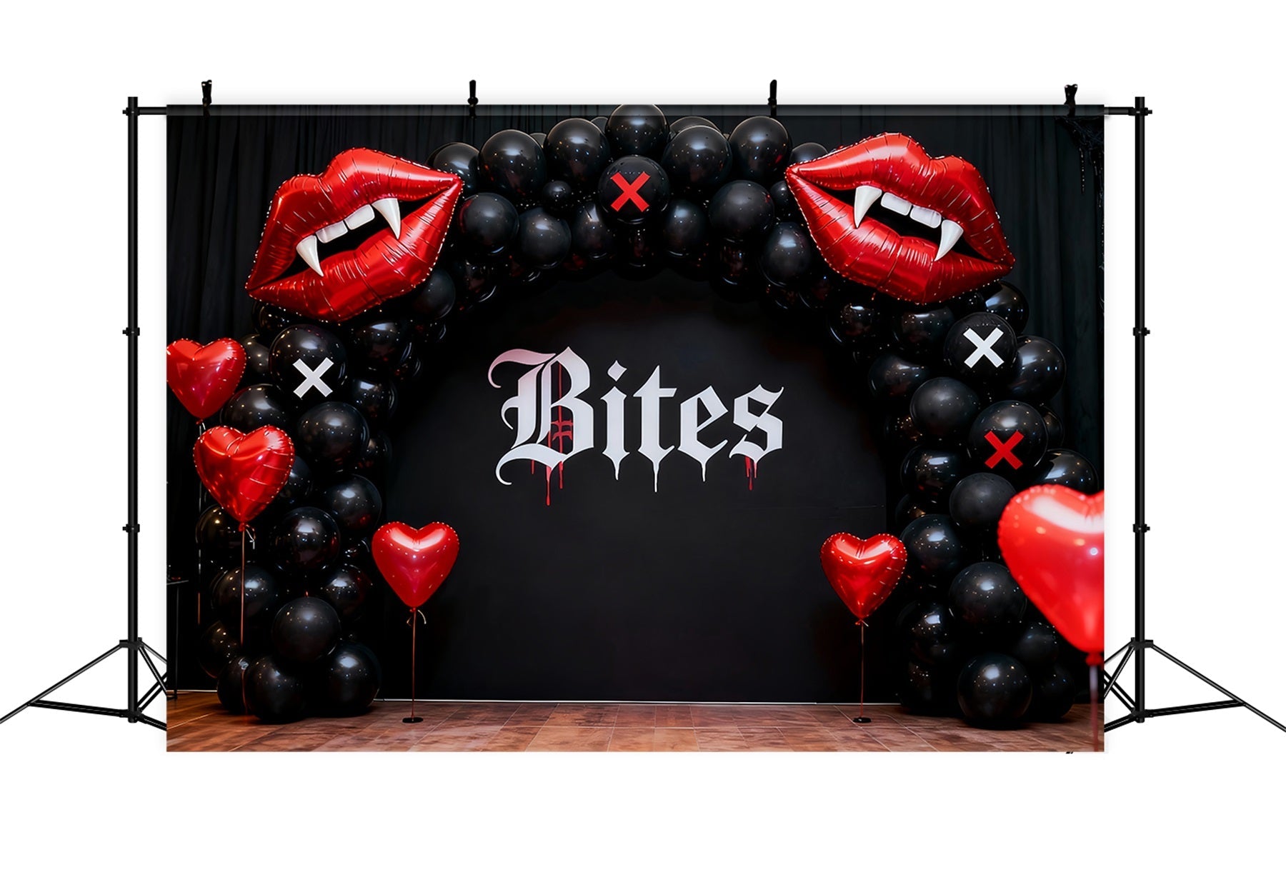 Fond lèvres qui s'embrassent Gothique Vampire Cœur Arche de ballons Fond pour la Saint-Valentin des années 90 LXX12-80