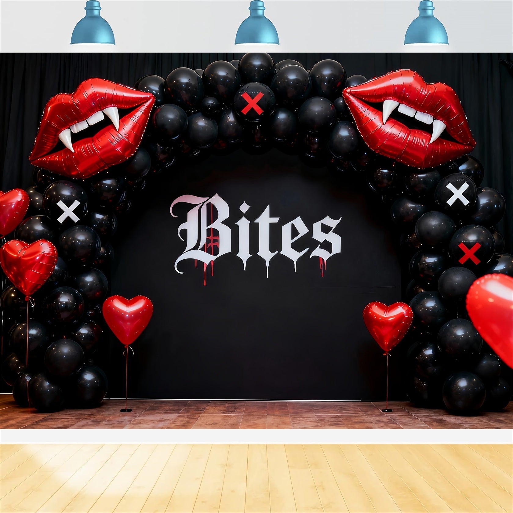 Fond lèvres qui s'embrassent Gothique Vampire Cœur Arche de ballons Fond pour la Saint-Valentin des années 90 LXX12-80