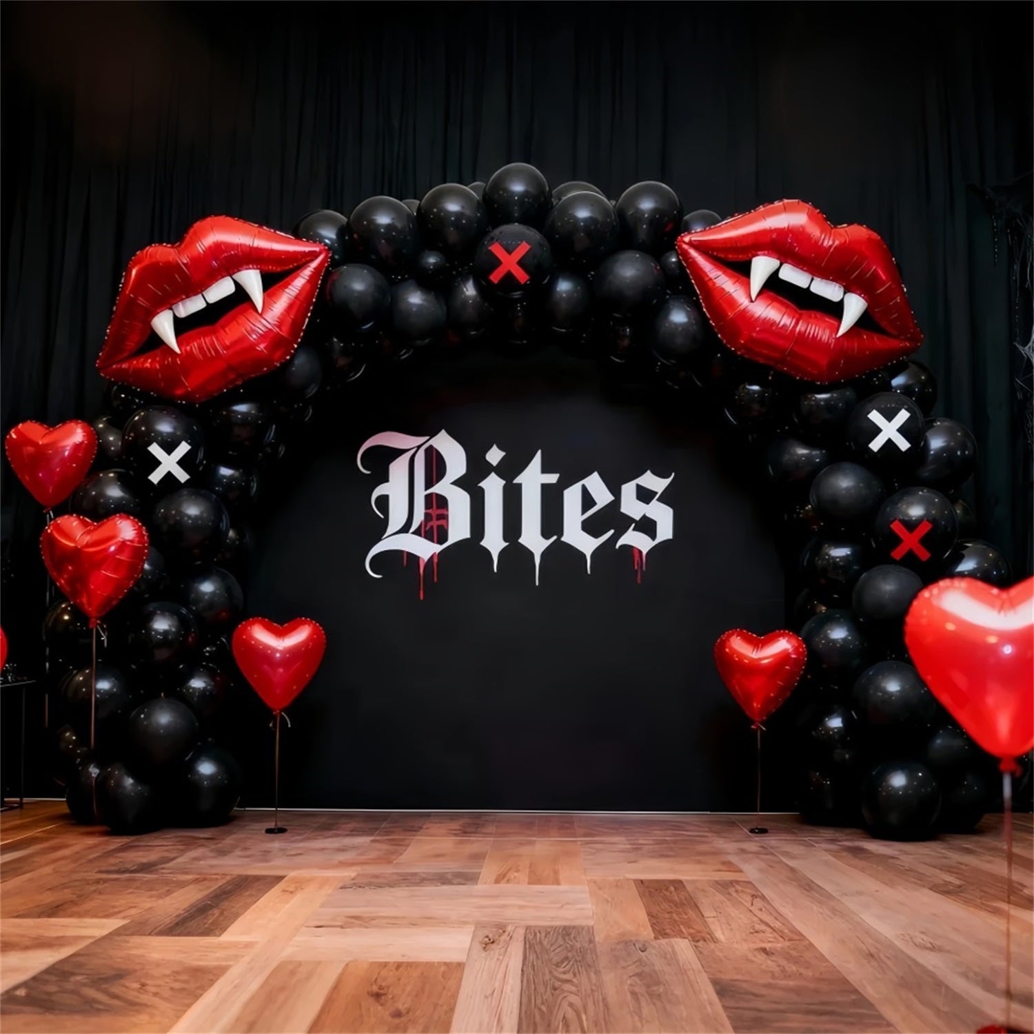 Fond lèvres qui s'embrassent Gothique Vampire Cœur Arche de ballons Fond pour la Saint-Valentin des années 90 LXX12-80