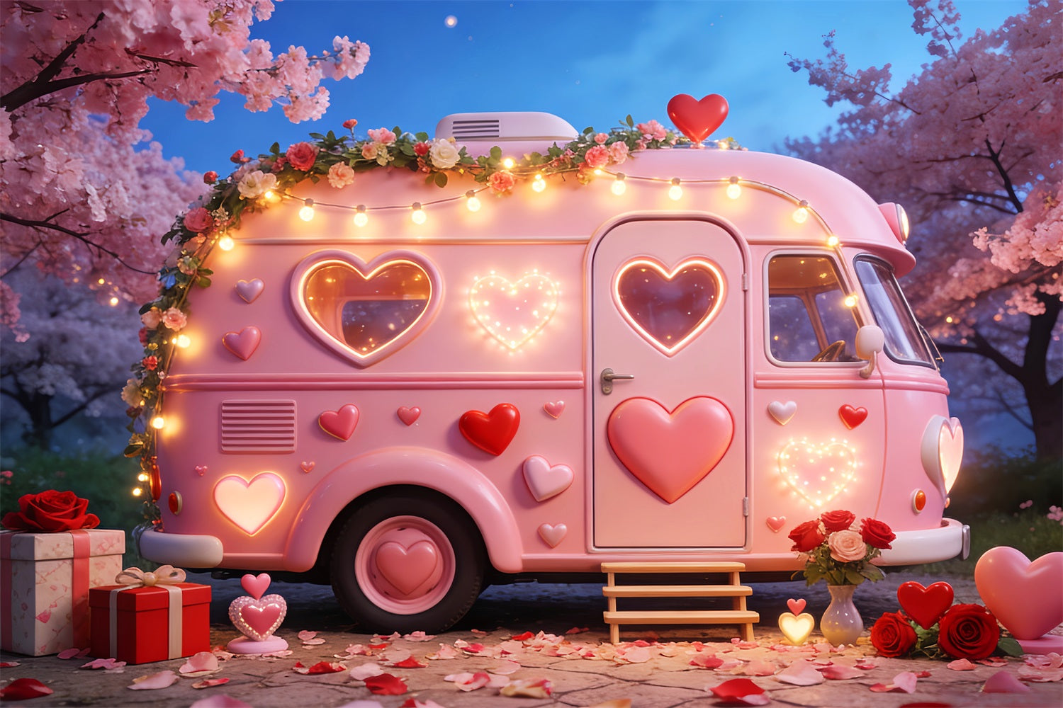 Toiles de fond romantiques Camper Lumières Boîtes-cadeaux Toile de fond avec cœurs roses LXX512-84
