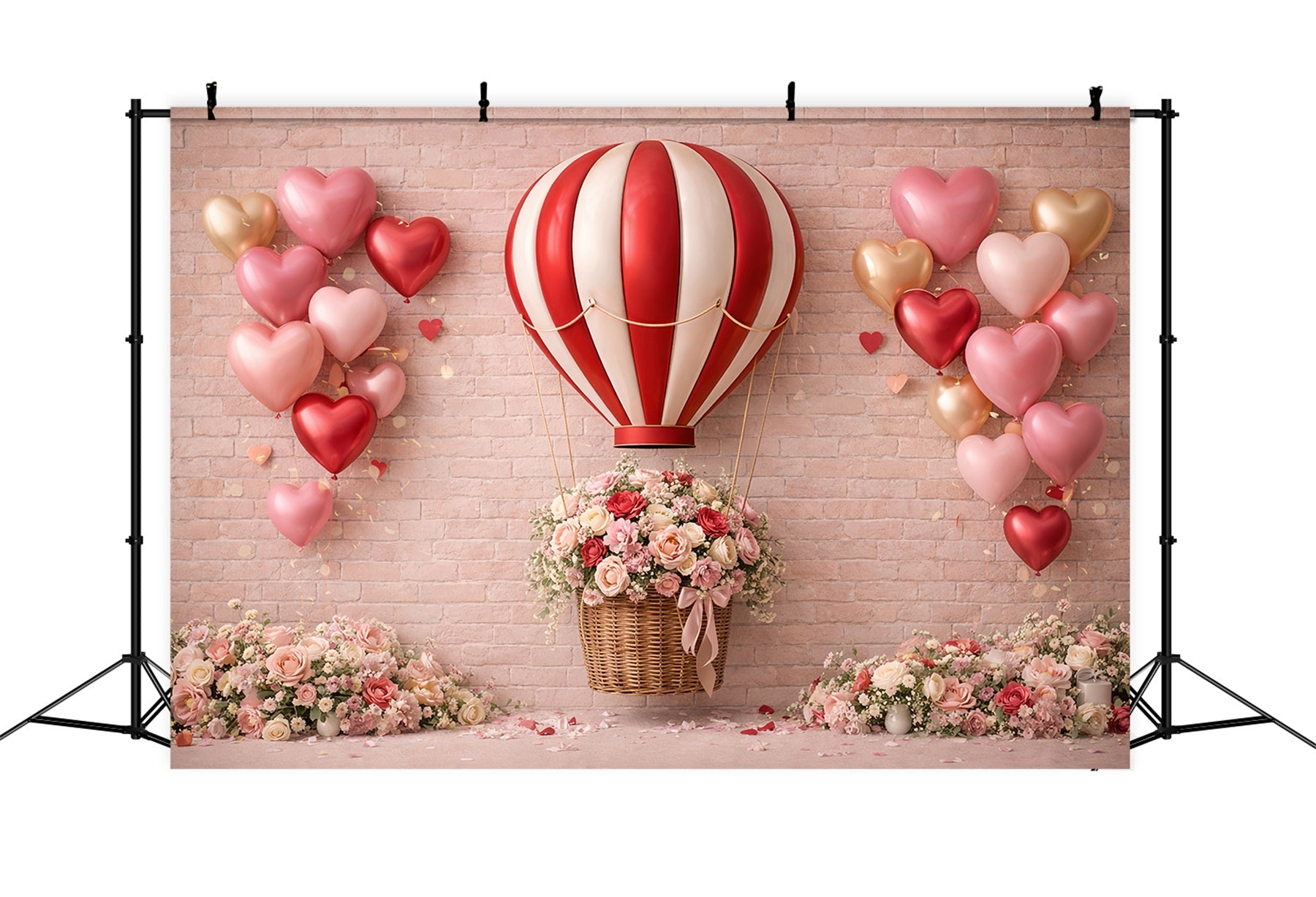 Fond ballons en forme de cœur Mur de briques Roses romantiques Fond rose Saint-Valentin LXX512-91