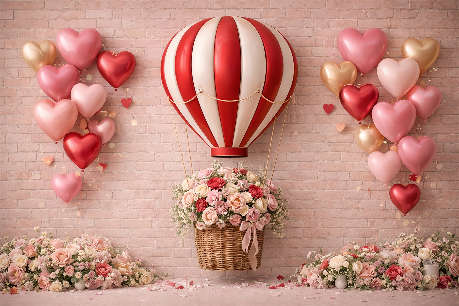 Fond ballons en forme de cœur Mur de briques Roses romantiques Fond rose Saint-Valentin LXX512-91