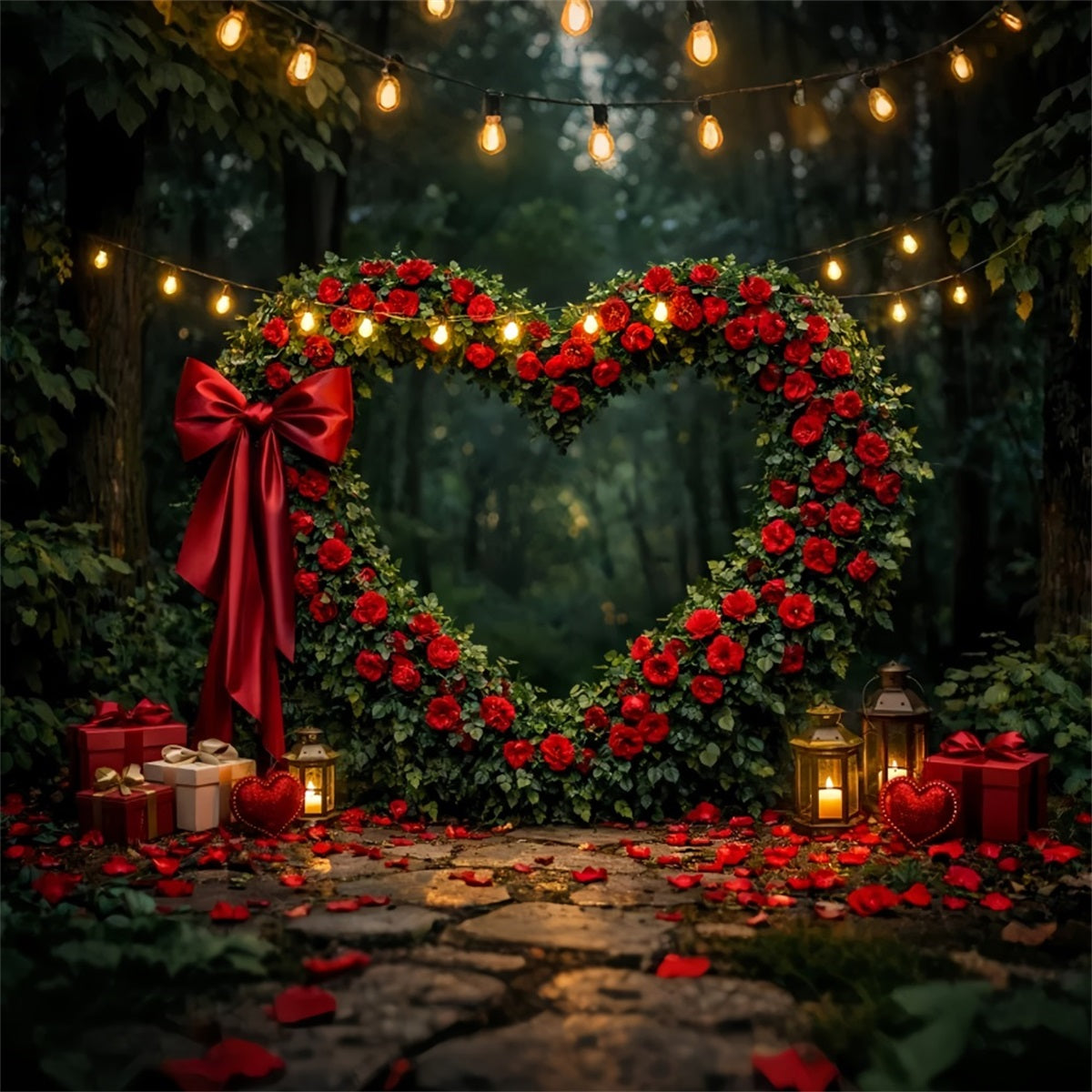 Fond cœur de roses rouges Arche florale Forêt Boîte cadeau Fond Saint-Valentin LXX512-96