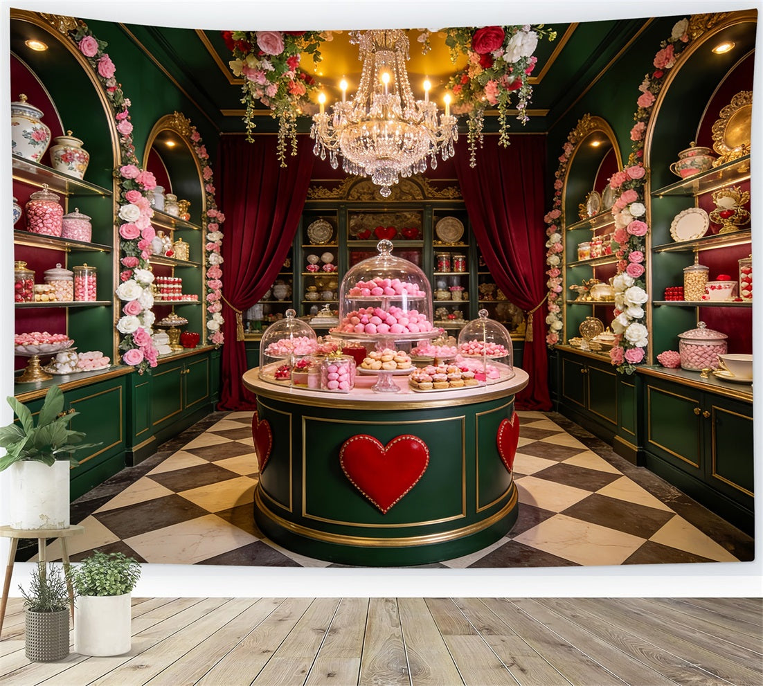 Fond de Valentine avec boutique de bonbons et table de desserts Fond de Valentine des années 90 LXX512-99