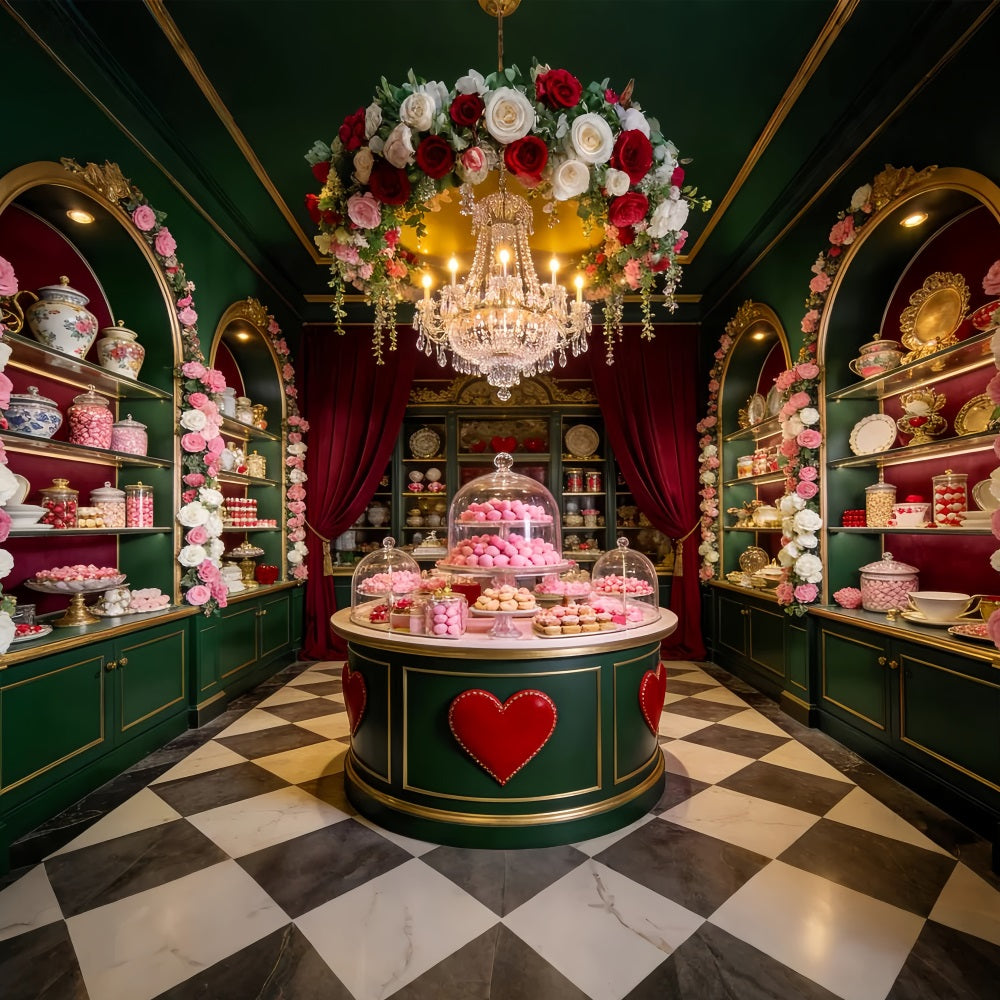 Fond de Valentine avec boutique de bonbons et table de desserts Fond de Valentine des années 90 LXX512-99