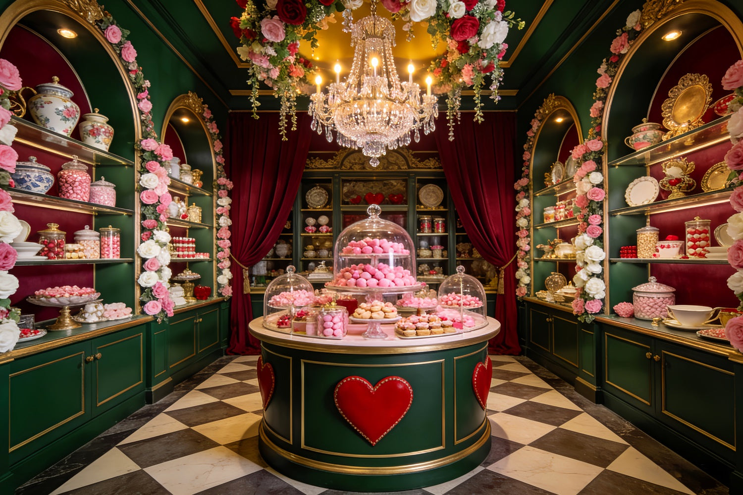 Fond de Valentine avec boutique de bonbons et table de desserts Fond de Valentine des années 90 LXX512-99