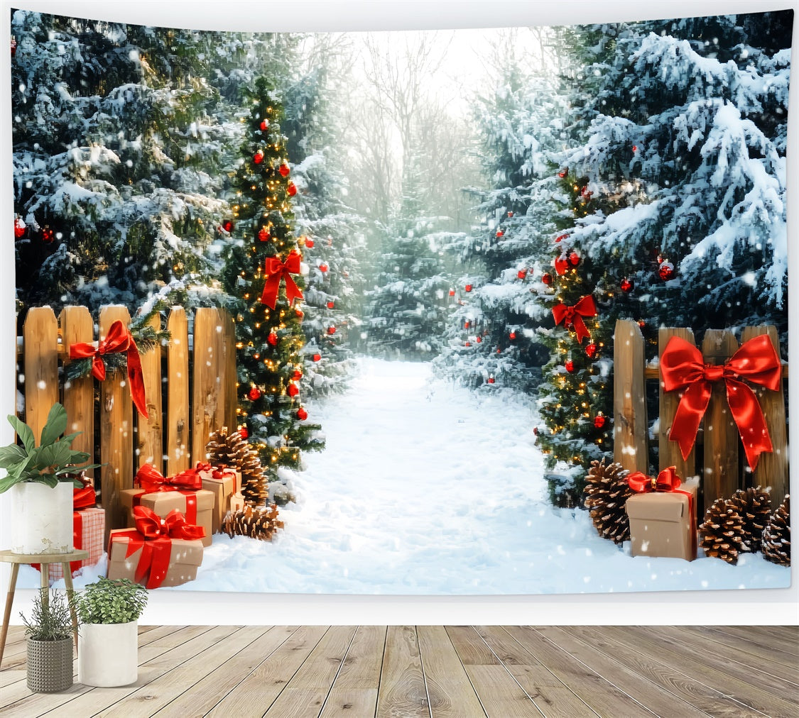 Toile de fond Photo Forêt Noël Présents Pins Enneigés LXX57-144