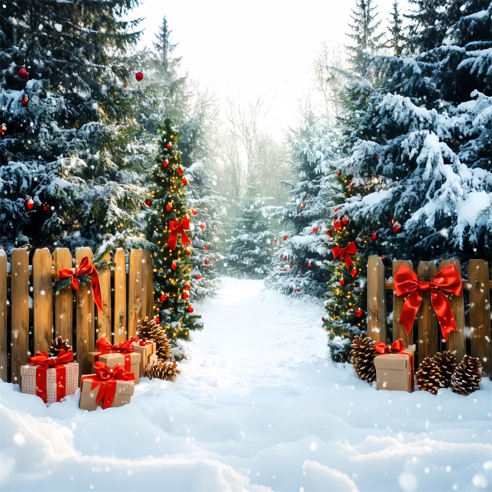 Toile de fond Photo Forêt Noël Présents Pins Enneigés LXX57-144