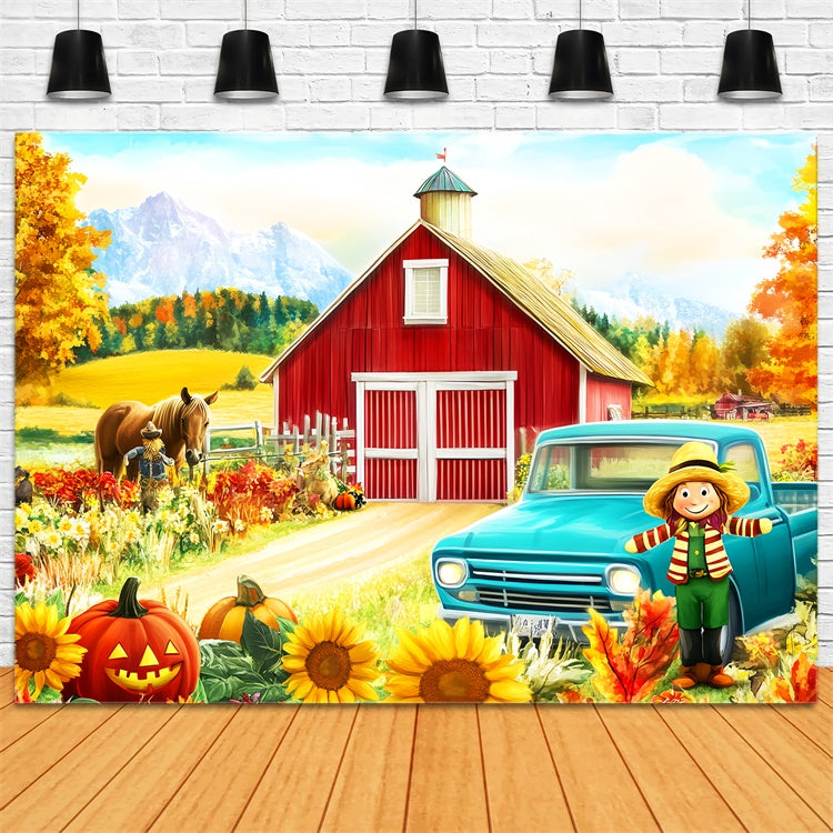 Toile de fond Déco Automne Grange Rouge Citrouille Récolte Amusante LXX57-150