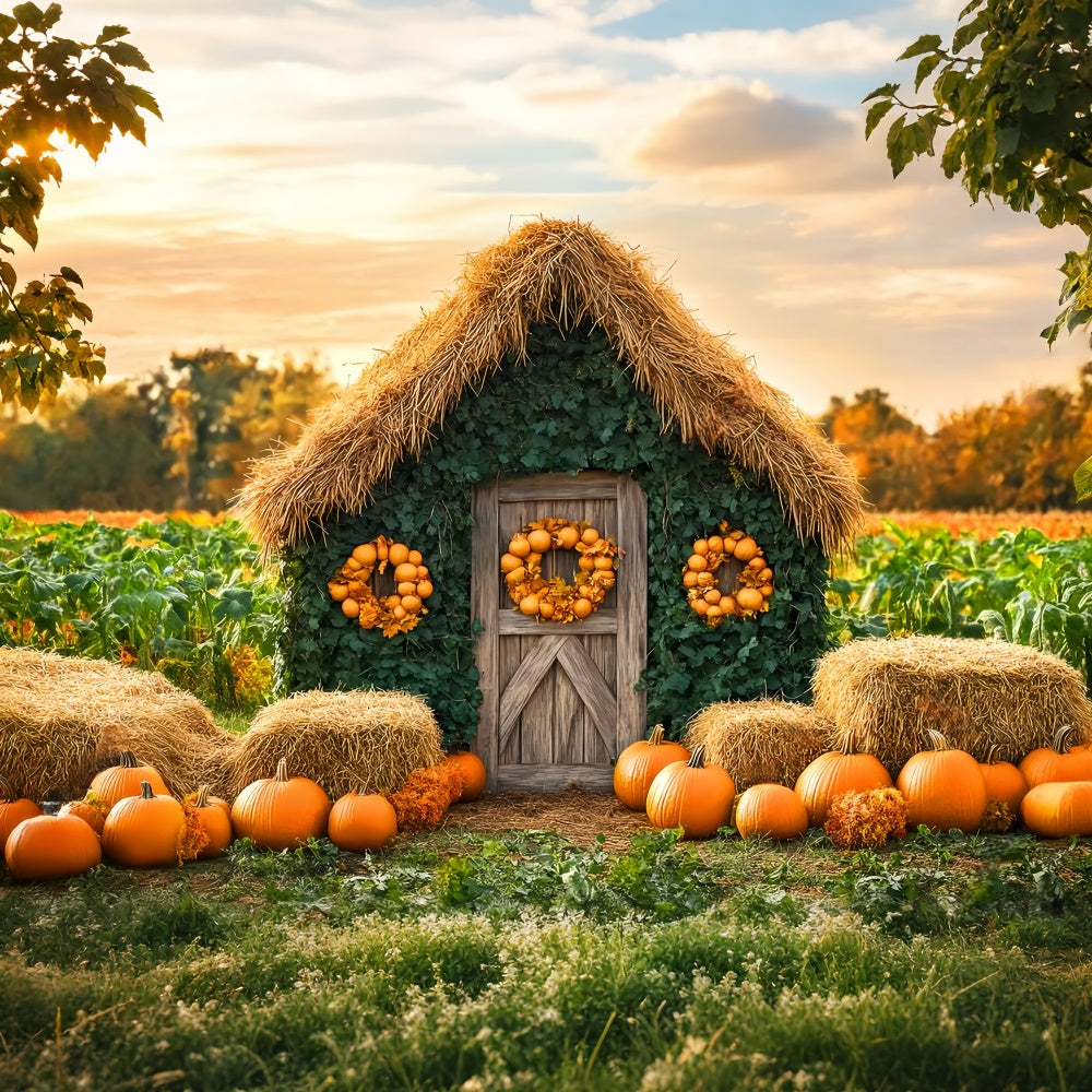 Toile de fond Photo Automne Cottage Champ Citrouilles LXX57-154