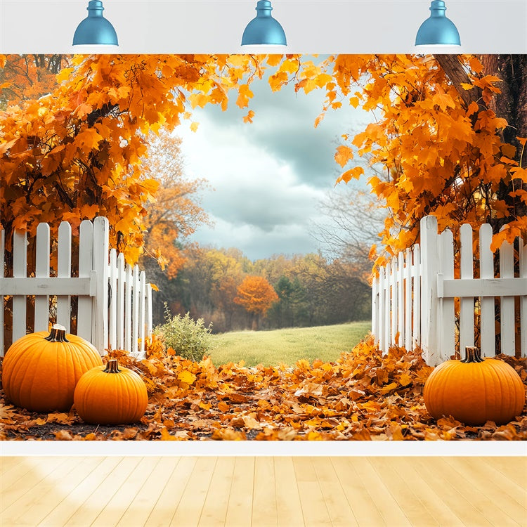 Toile de fond Déco Automne Citrouilles Clôture Verger LXX57-179