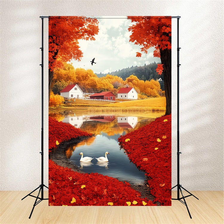 Toile de fond Déco Automne Feuille Écarlate Village Lac LXX57-180