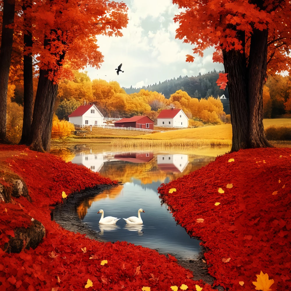 Toile de fond Déco Automne Feuille Écarlate Village Lac LXX57-180