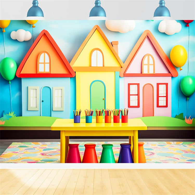 Toile de fond Rentrée des Classes Chalet Coloré et Ballons LXX57-28