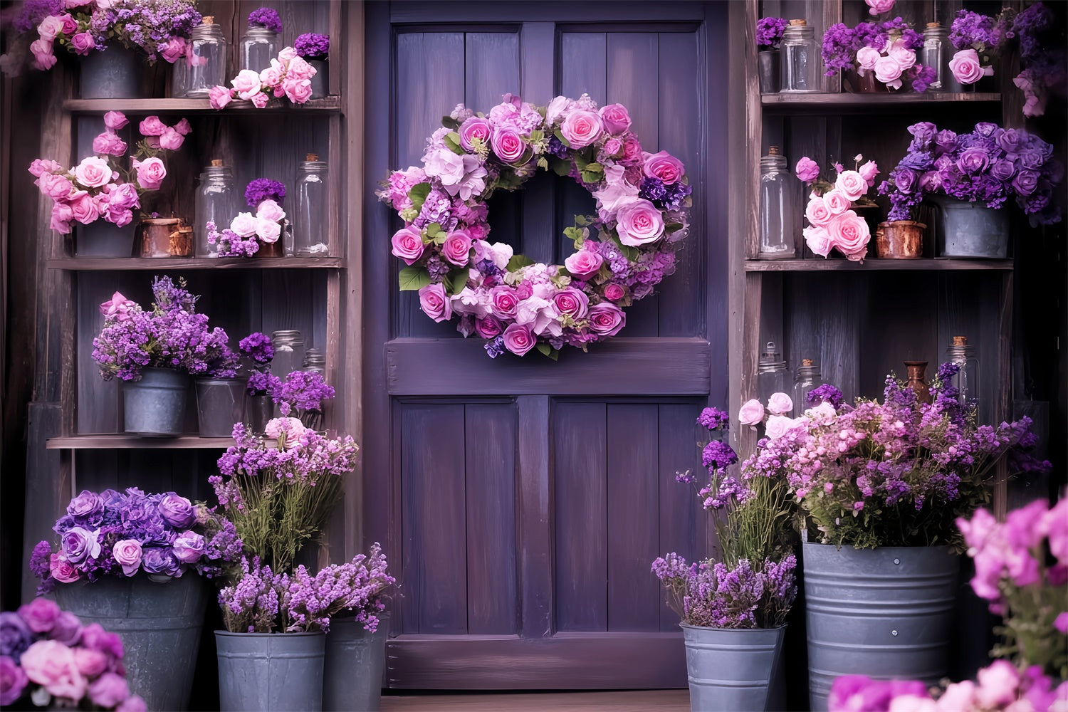 Toile de fond Porte de Grange Fleurs Épanouies Violettes LXX57-382