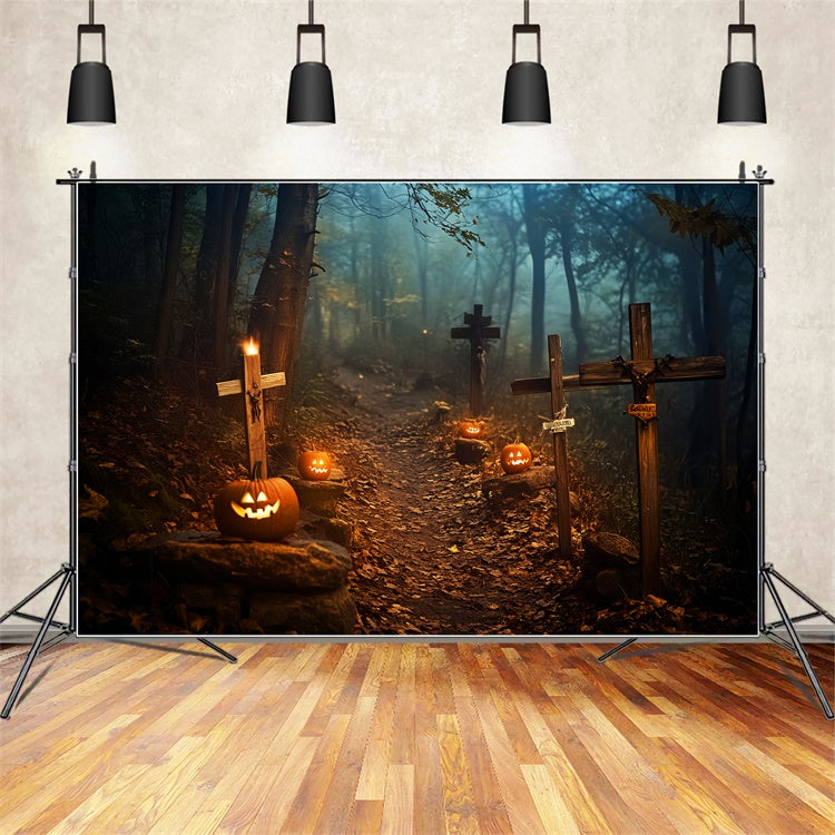 Toile de fond halloween Chemin Forêt Hantée Cimetière LXX58-10