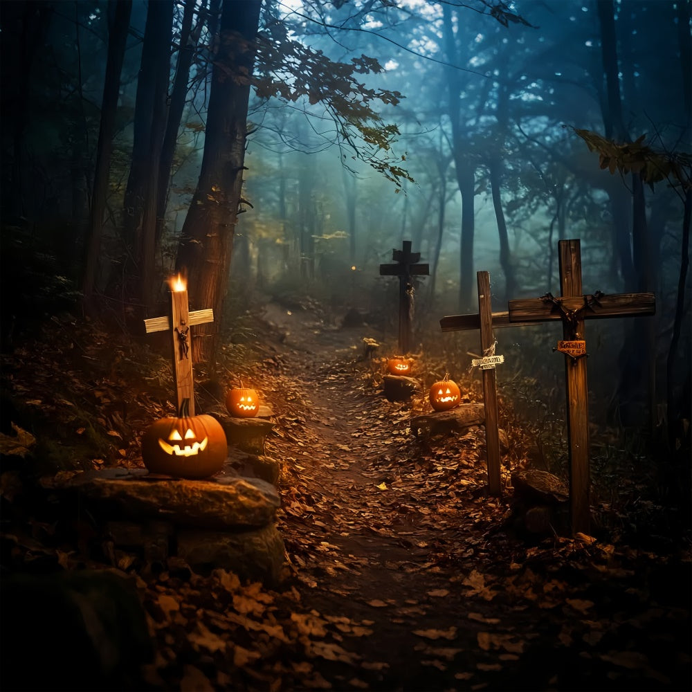 Toile de fond halloween Chemin Forêt Hantée Cimetière LXX58-10