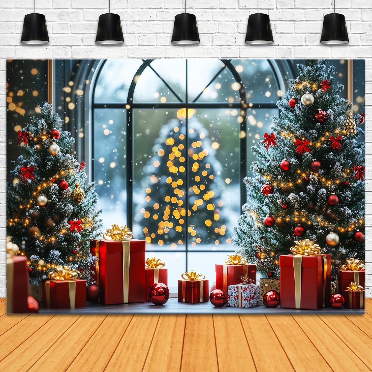 Toile de fond Noël Fenêtre et Sapins Givrés LXX58-100