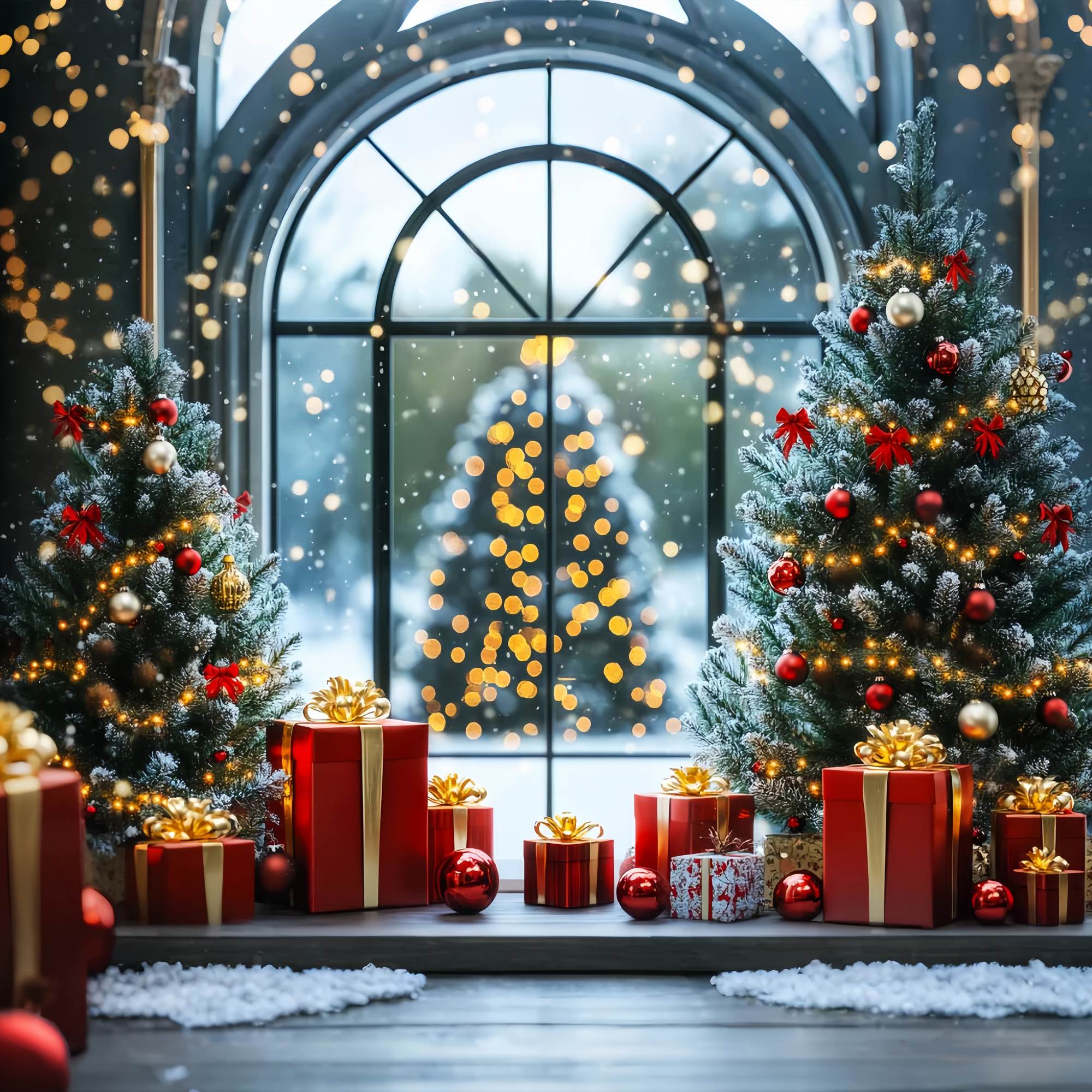 Toile de fond Noël Fenêtre et Sapins Givrés LXX58-100