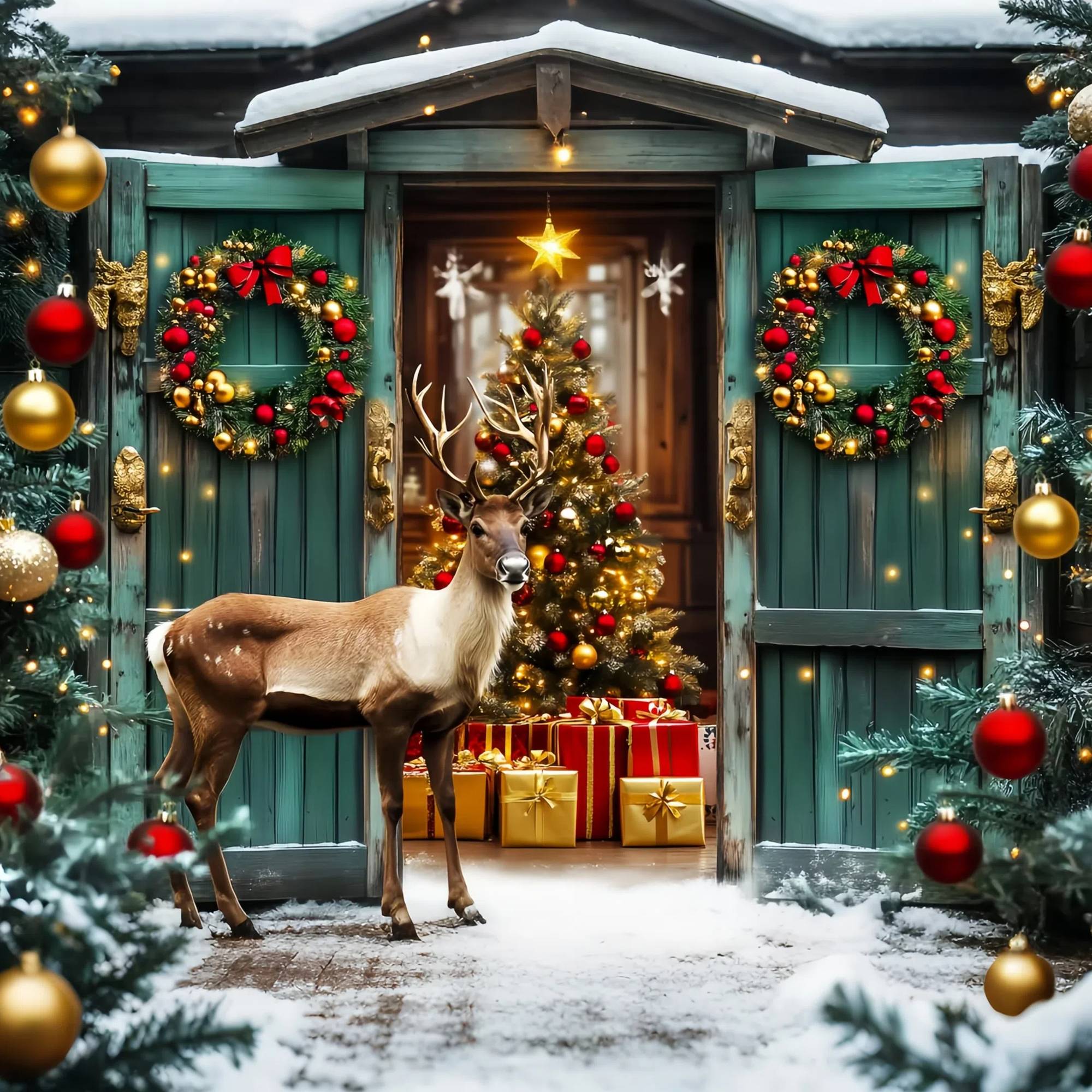 Toile de fond Noël Entrée Fête Porte Verte et Rennes LXX58-101