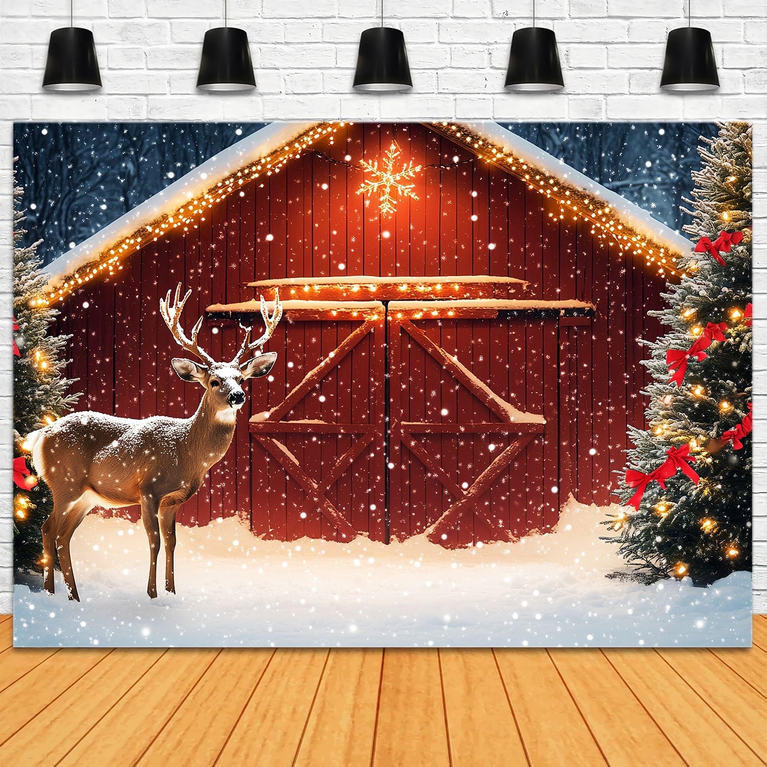 Toile de fond Noël Grange Enneigée Rennes et Sapins LXX58-102