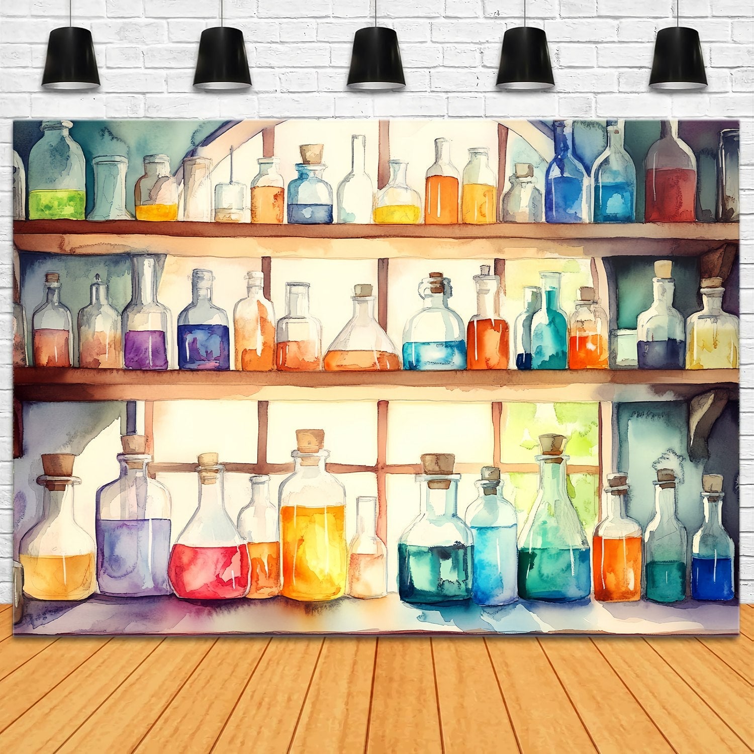 Toile de fond Chimie Flacons de Potions Aquarelle Étagères en Bois Toile de fond Photo École LXX58-104