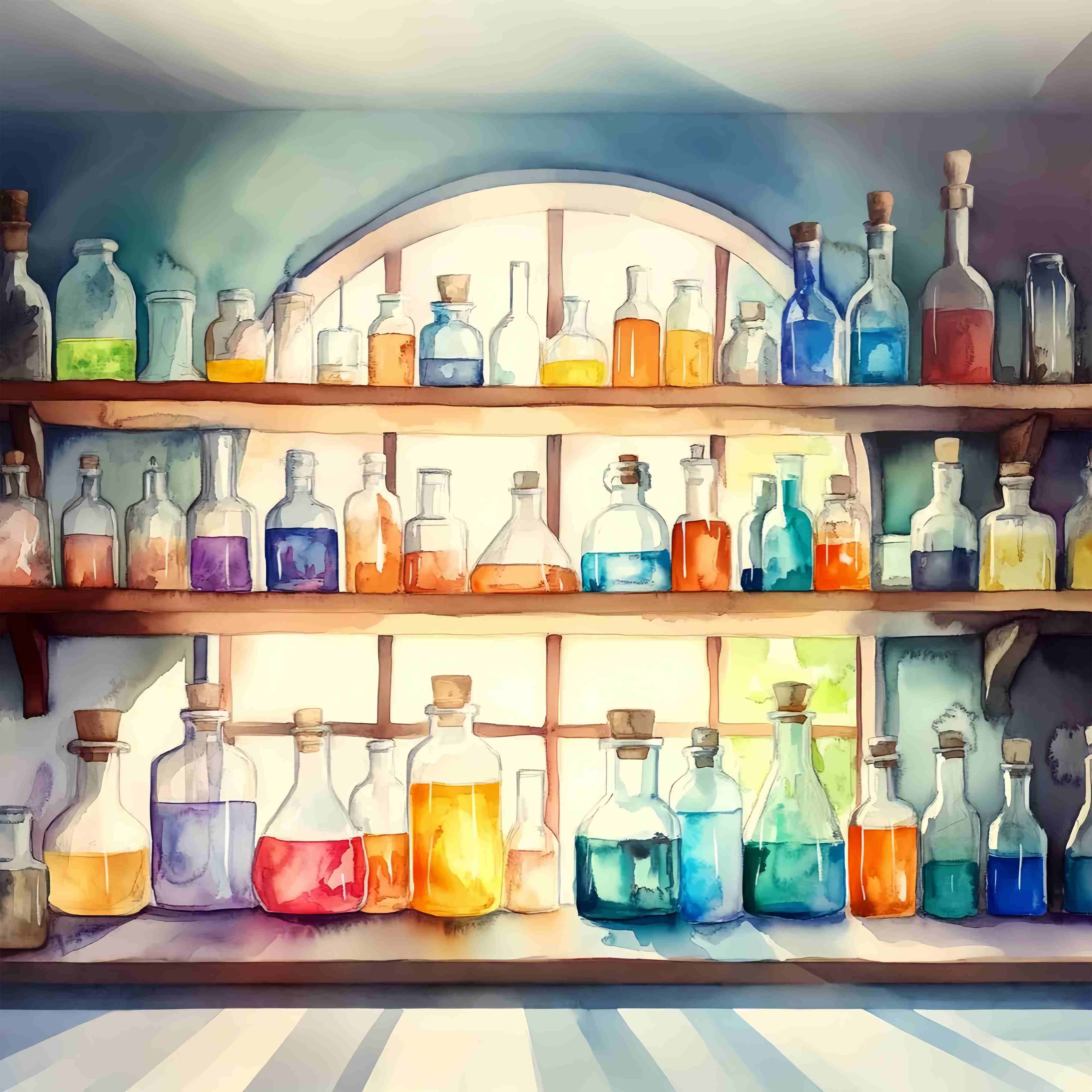 Toile de fond Chimie Flacons de Potions Aquarelle Étagères en Bois Toile de fond Photo École LXX58-104