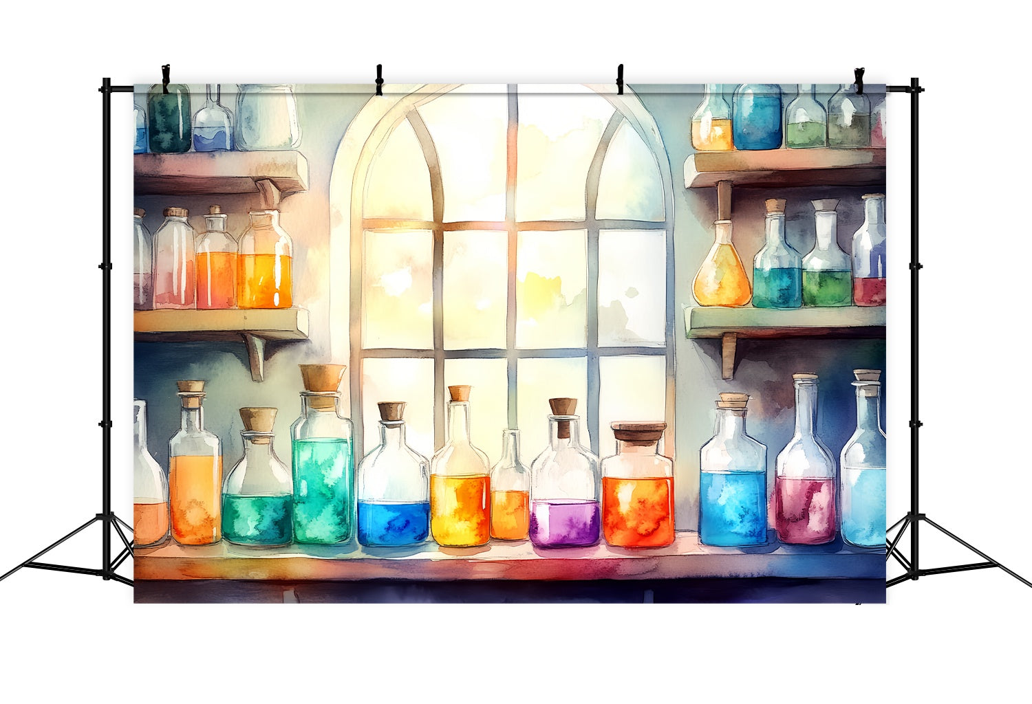 Toile de fond Chimie Fenêtre Ensoleillée Flacons de Potions Vifs Rentrée des Classes LXX58-105