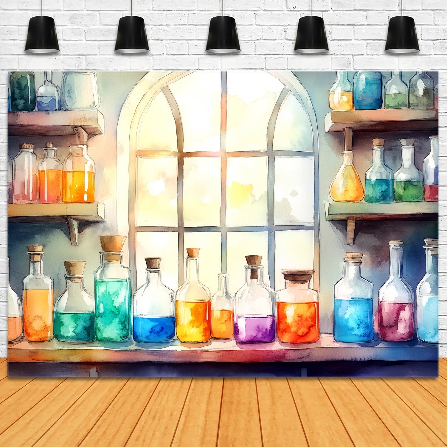 Toile de fond Chimie Fenêtre Ensoleillée Flacons de Potions Vifs Rentrée des Classes LXX58-105