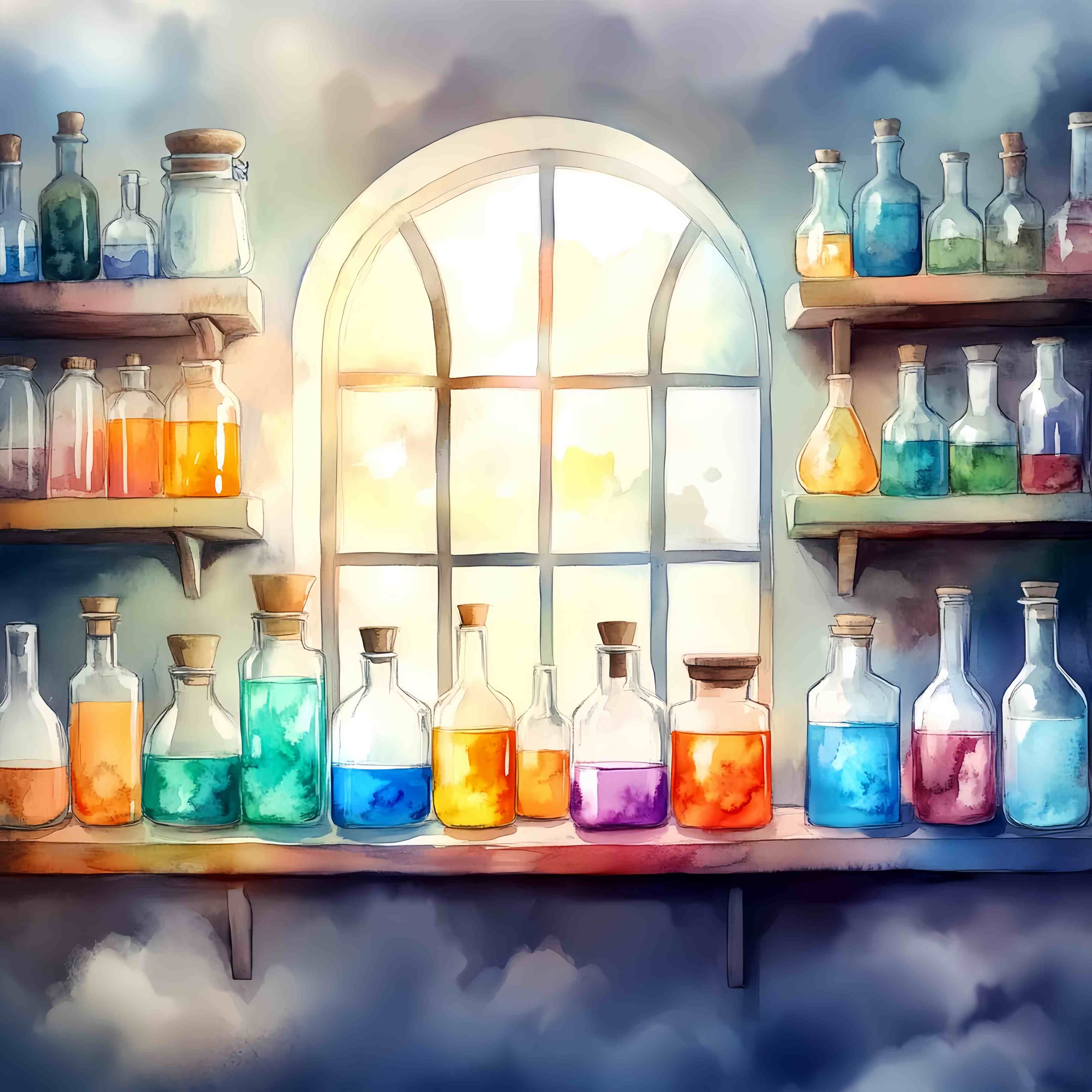 Toile de fond Chimie Fenêtre Ensoleillée Flacons de Potions Vifs Rentrée des Classes LXX58-105