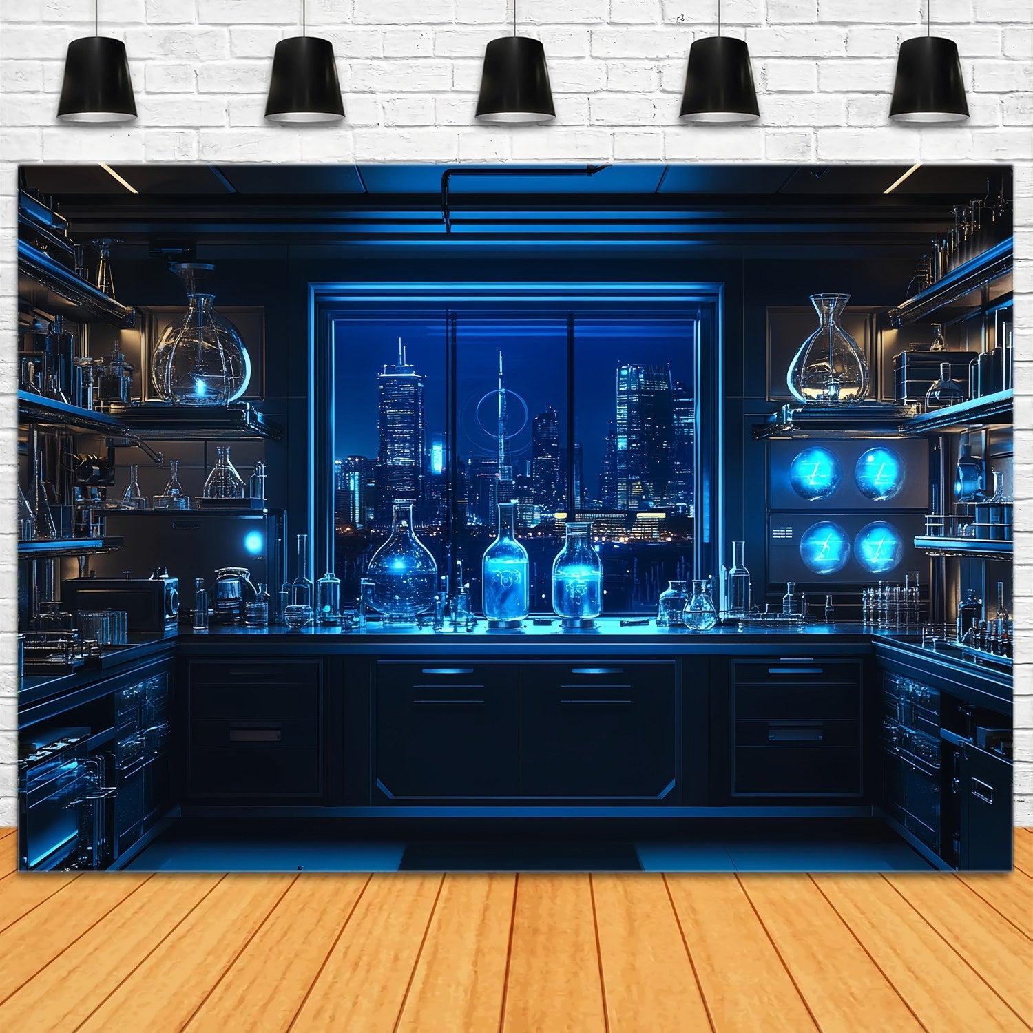 Toile de fond Chimie Laboratoire Futuriste Vue Nocturne sur la Ville Toile de fond Photo École LXX58-108