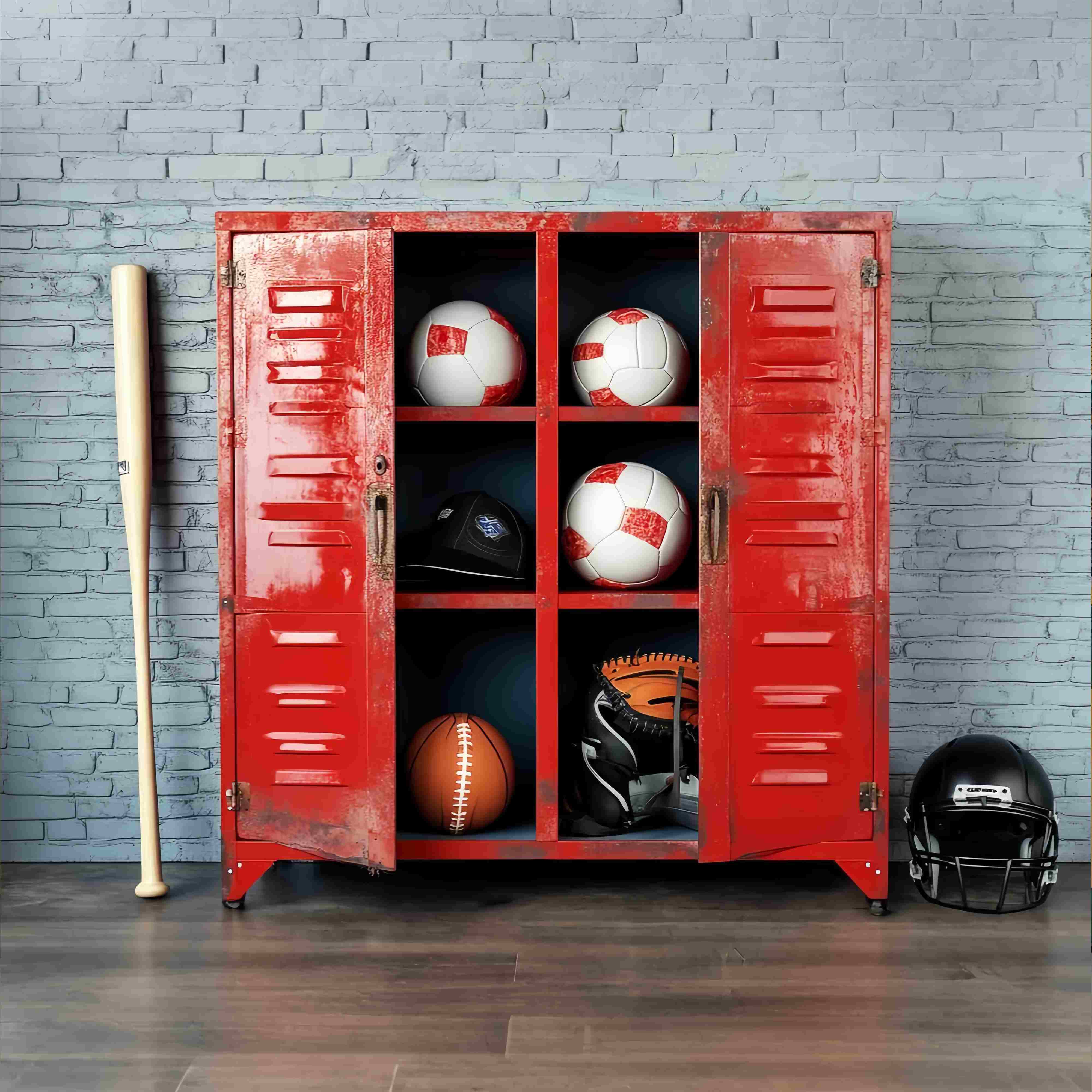 Toile de fond Casiers Scolaires Rouges avec Équipement Sportif Toile de fond Photo École LXX58-113