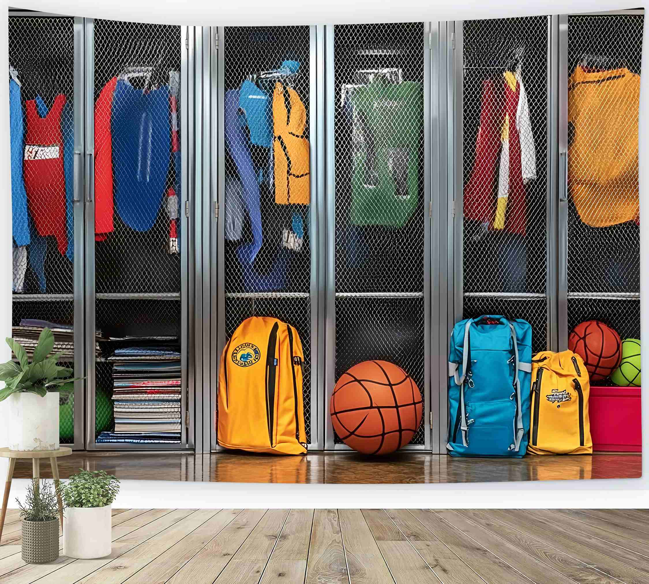 Toile de fond Casiers Scolaires Colorés Équipements Sportifs et Sacs à Dos Toile de fond Photo École LXX58-119
