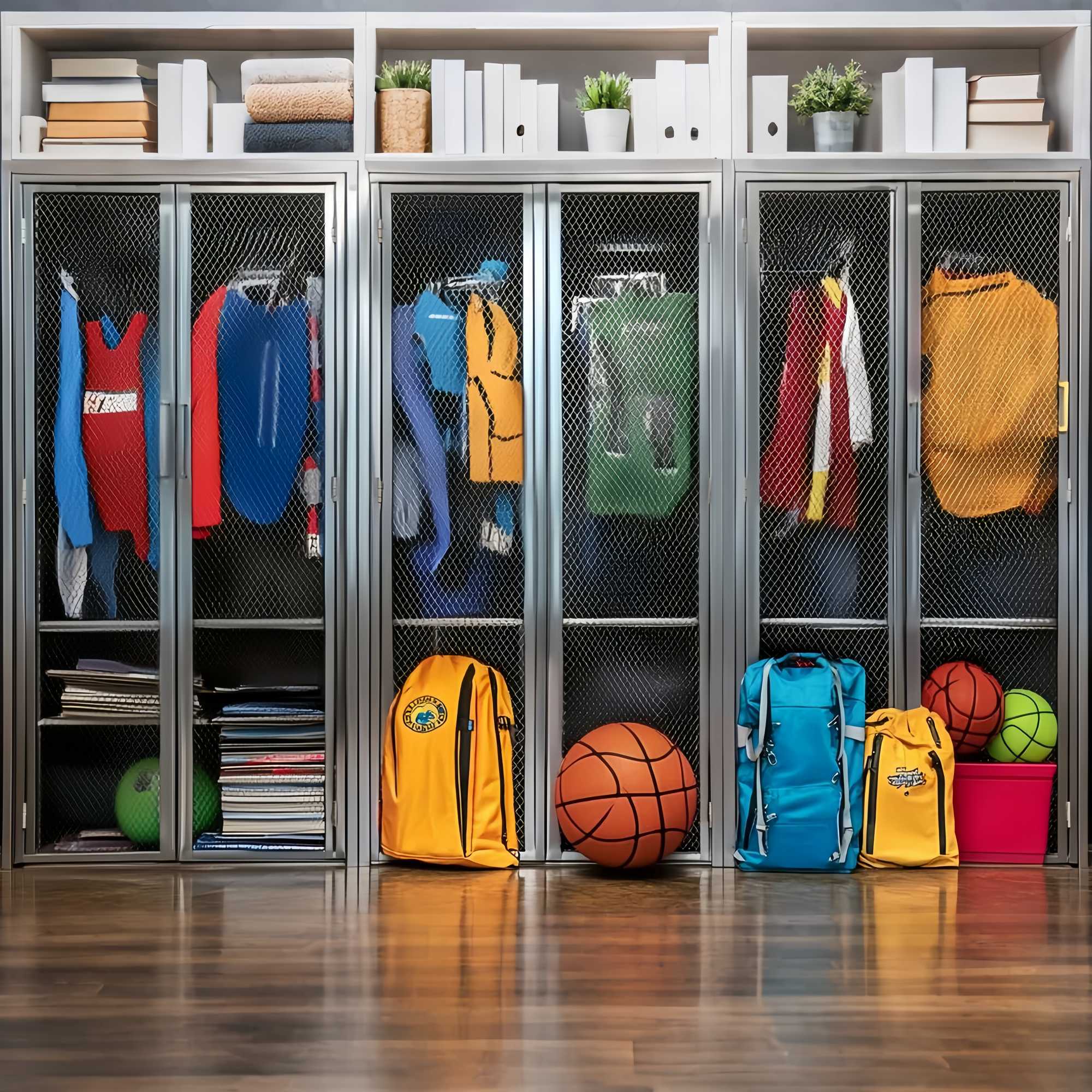 Toile de fond Casiers Scolaires Colorés Équipements Sportifs et Sacs à Dos Toile de fond Photo École LXX58-119