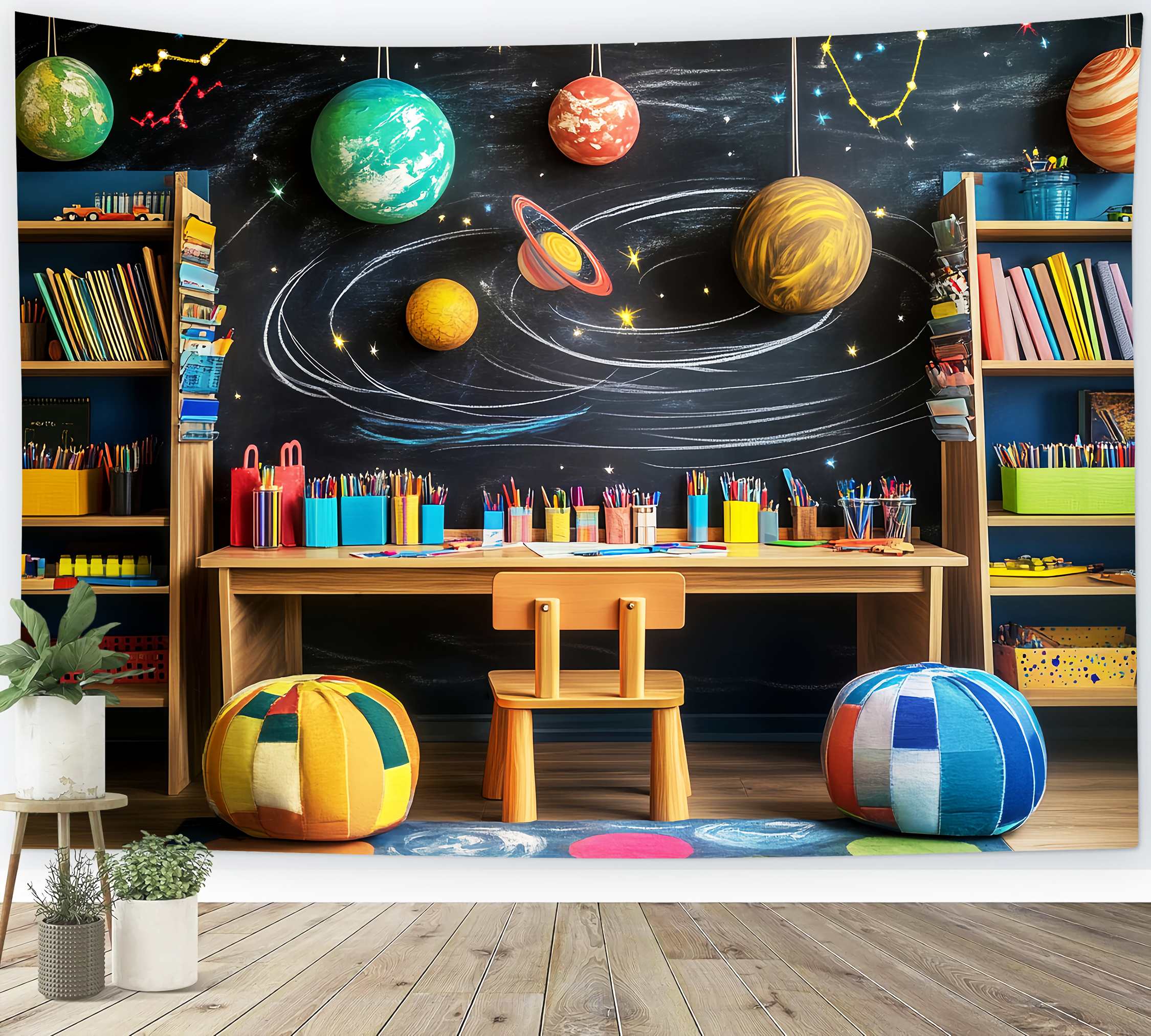Toile de fond Photo Maternelle Salle de Classe Espace Décoration Planètes Rentrée des Classes LXX58-122